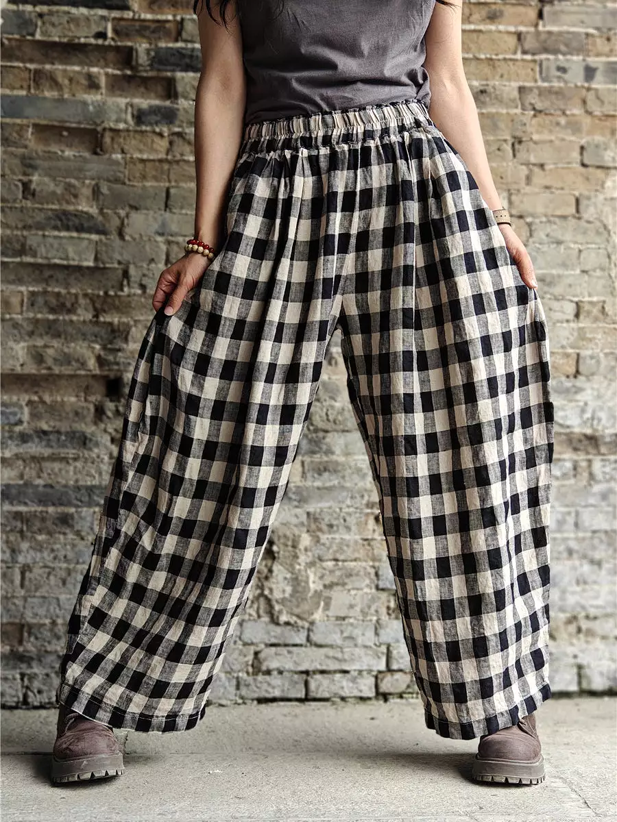 Plus Size Women Casual Plaid Cotton Linen Wide-leg Pants KL1031