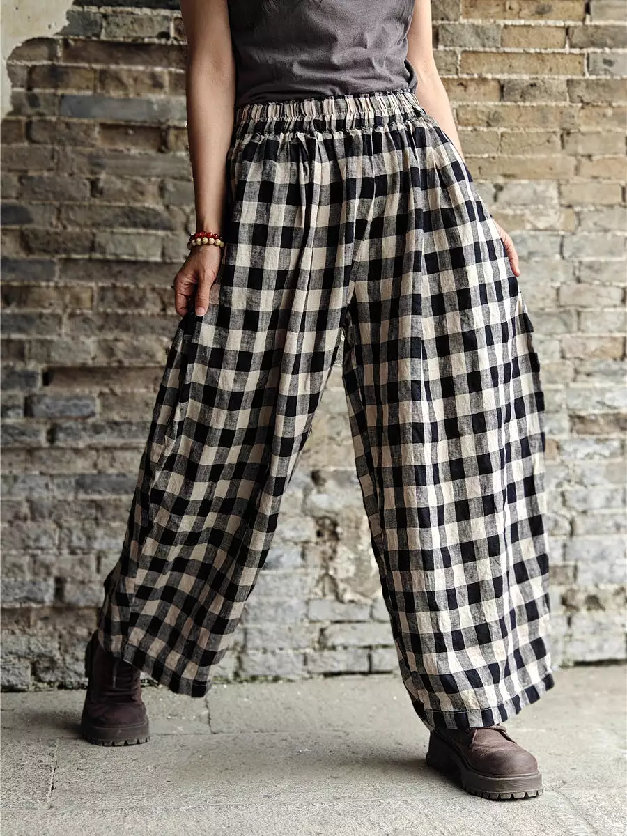 Plus Size Women Casual Plaid Cotton Linen Wide-leg Pants KL1031