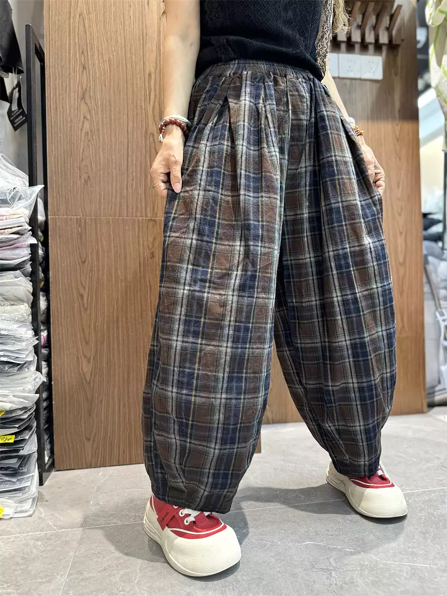 Plus Size Women Vintage Summer Plaid Cotton Linen Harem Pants SC1030