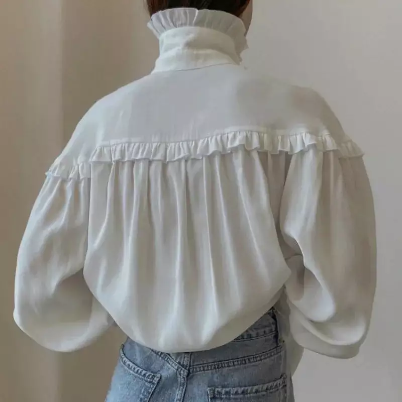 Ruffle Loose Shirts For Women 2024 Spring White Turtleneck Long Sleeve Women's Shirt Street Casual Oversized Shirt Femme