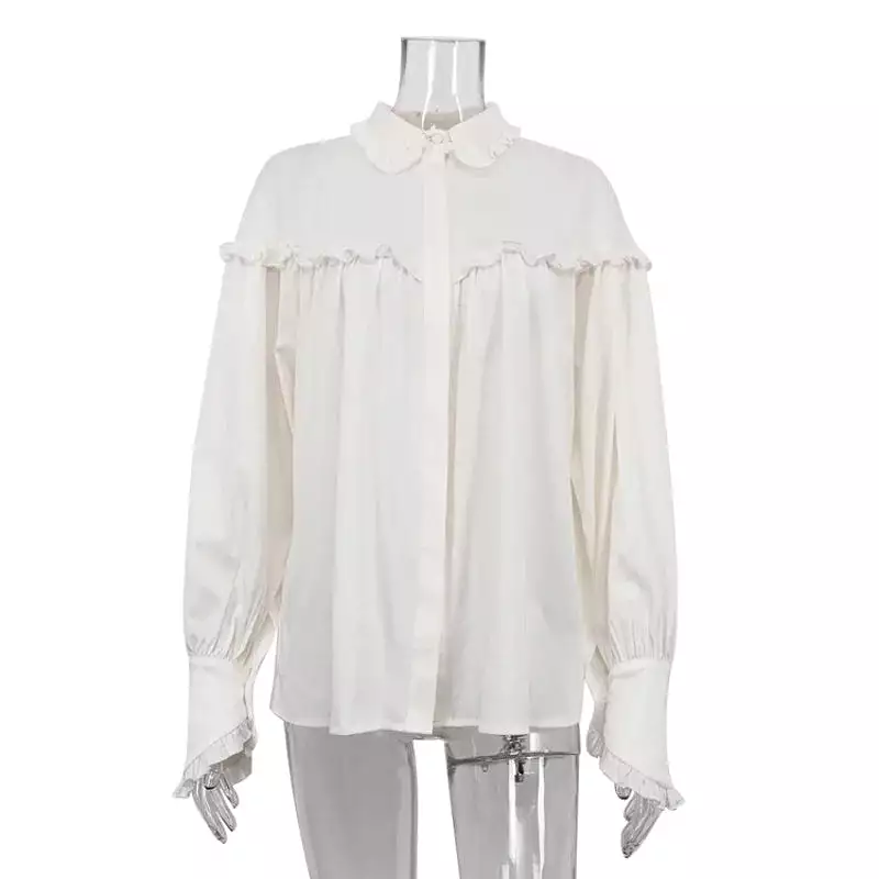 Ruffle Loose Shirts For Women 2024 Spring White Turtleneck Long Sleeve Women's Shirt Street Casual Oversized Shirt Femme