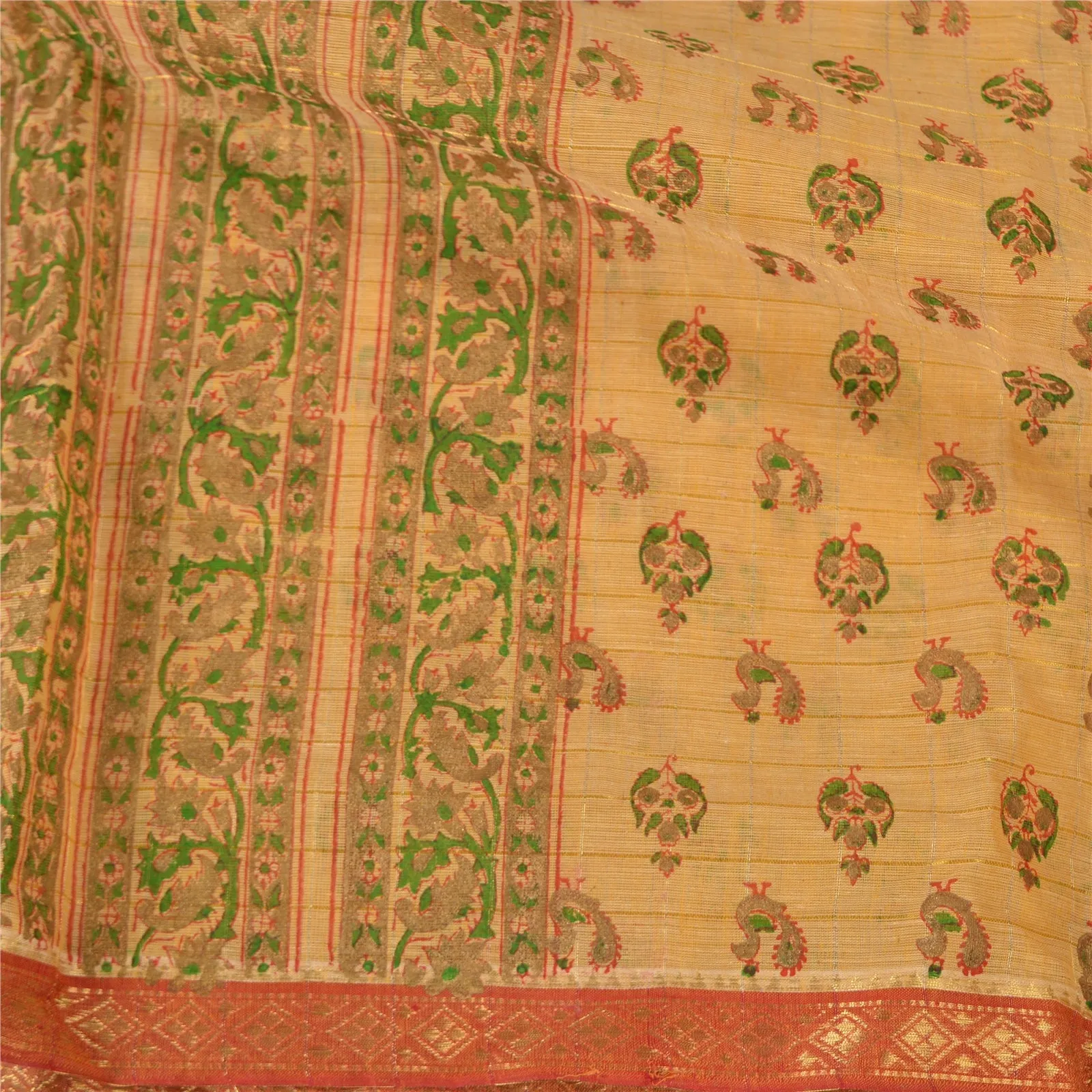 Sanskriti Vintage Cream Indian Sarees Pure Cotton Hand-Block Printed Sari Fabric