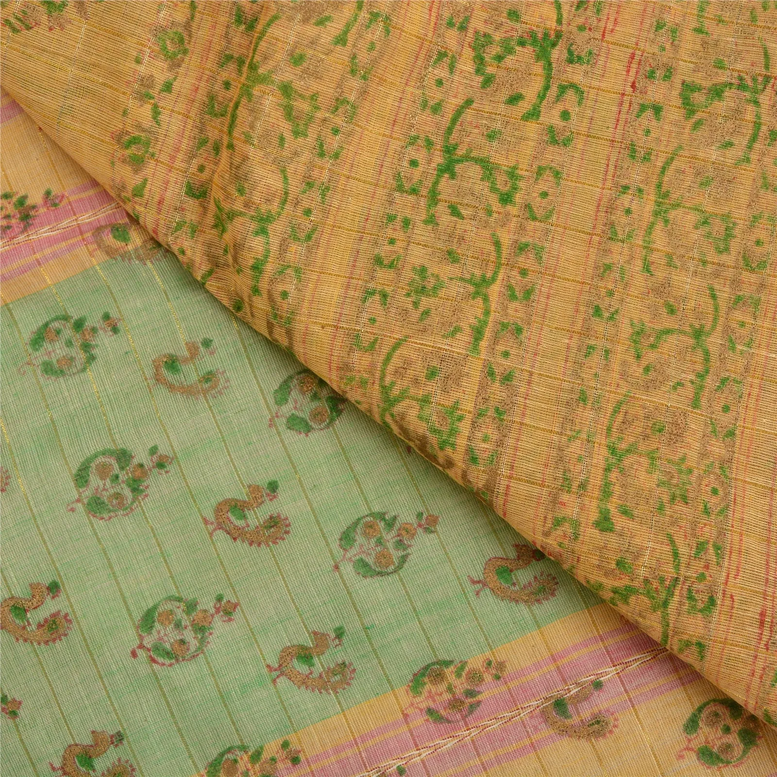 Sanskriti Vintage Cream Indian Sarees Pure Cotton Hand-Block Printed Sari Fabric