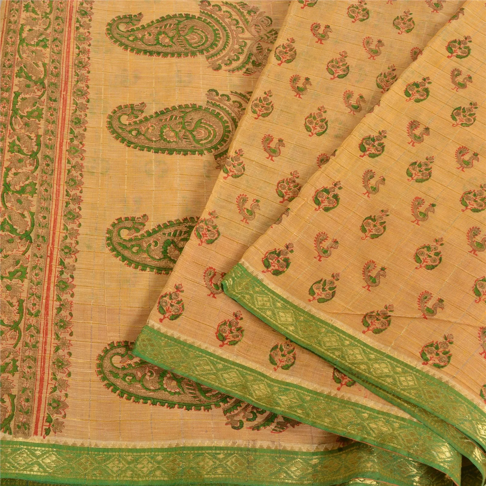 Sanskriti Vintage Cream Indian Sarees Pure Cotton Hand-Block Printed Sari Fabric