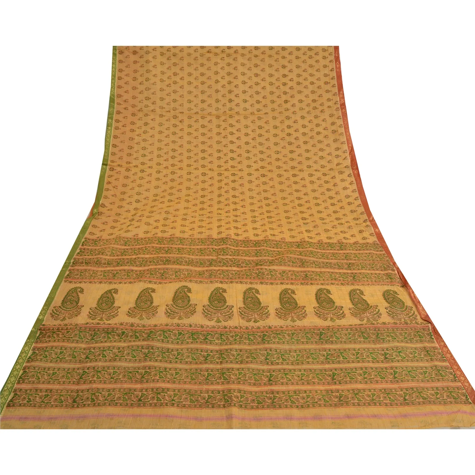 Sanskriti Vintage Cream Indian Sarees Pure Cotton Hand-Block Printed Sari Fabric