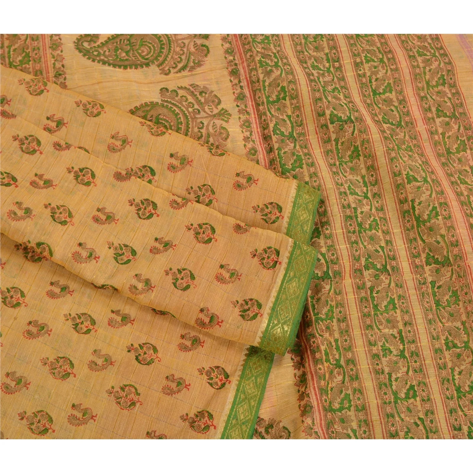 Sanskriti Vintage Cream Indian Sarees Pure Cotton Hand-Block Printed Sari Fabric