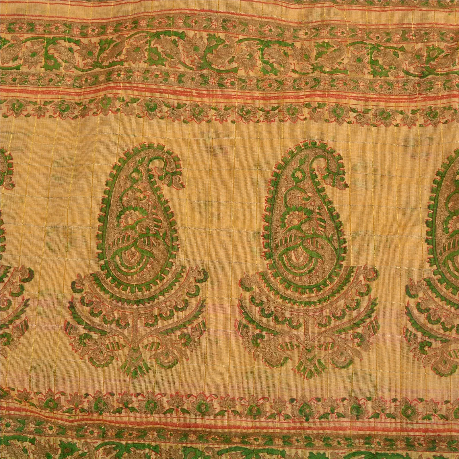 Sanskriti Vintage Cream Indian Sarees Pure Cotton Hand-Block Printed Sari Fabric