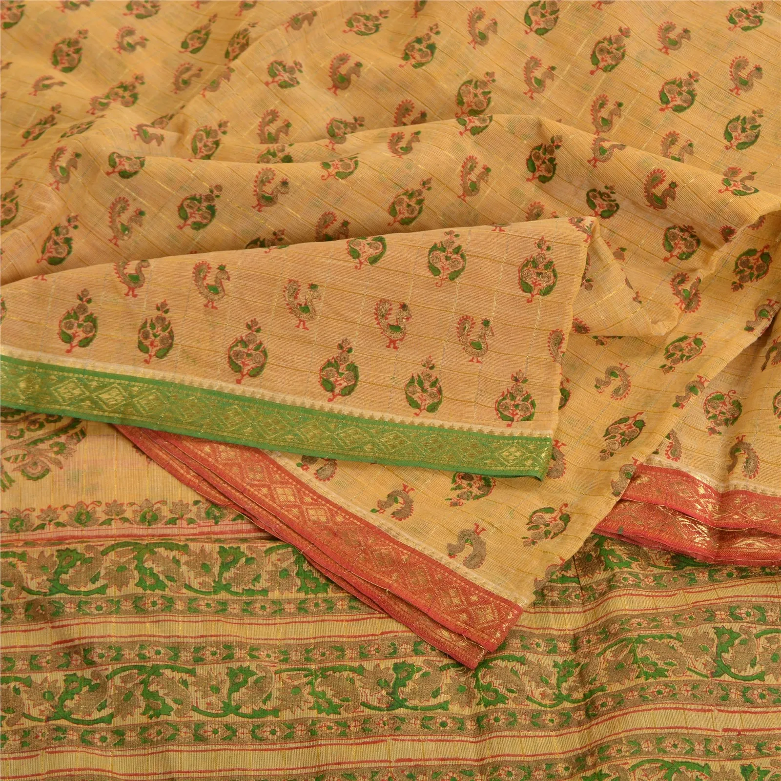 Sanskriti Vintage Cream Indian Sarees Pure Cotton Hand-Block Printed Sari Fabric