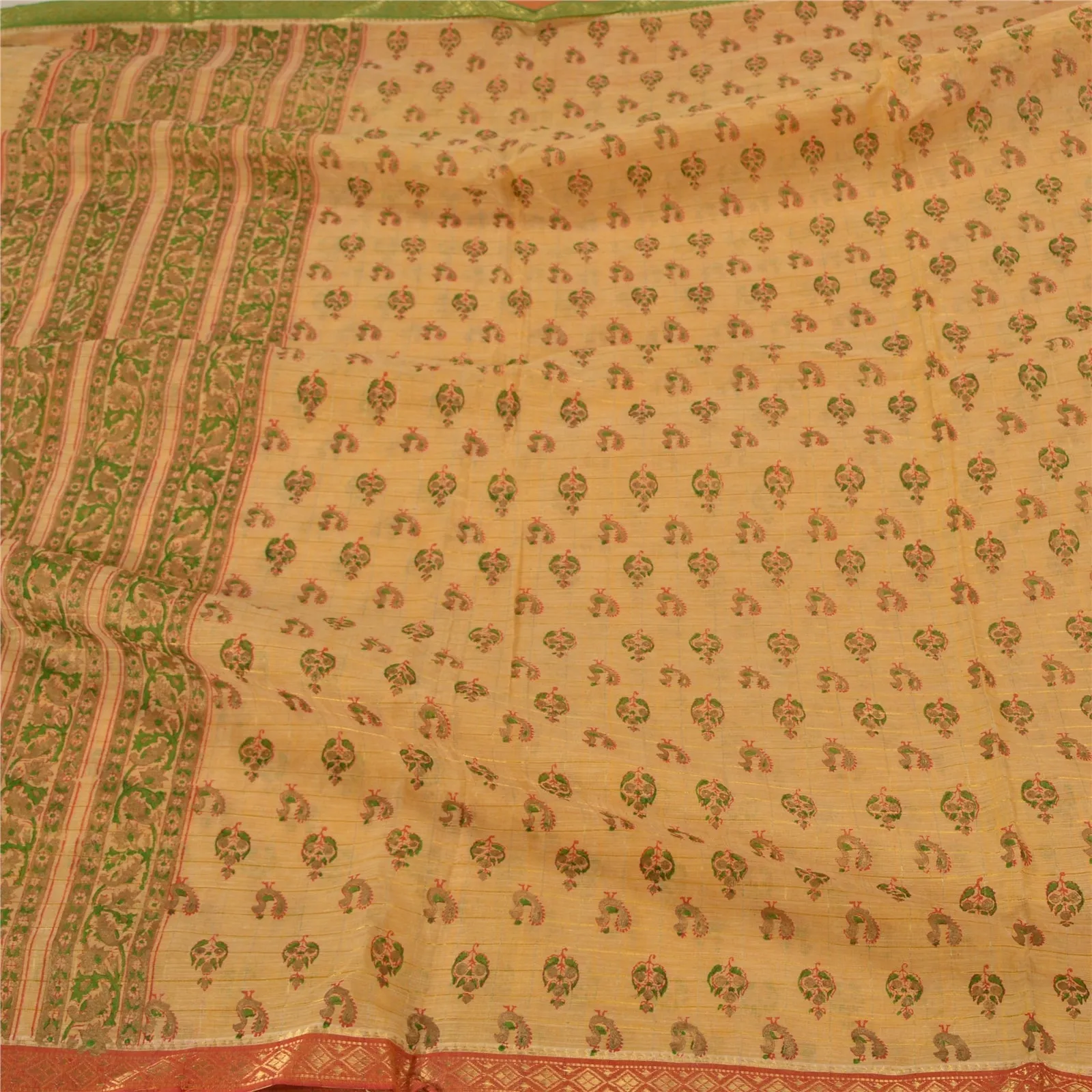 Sanskriti Vintage Cream Indian Sarees Pure Cotton Hand-Block Printed Sari Fabric