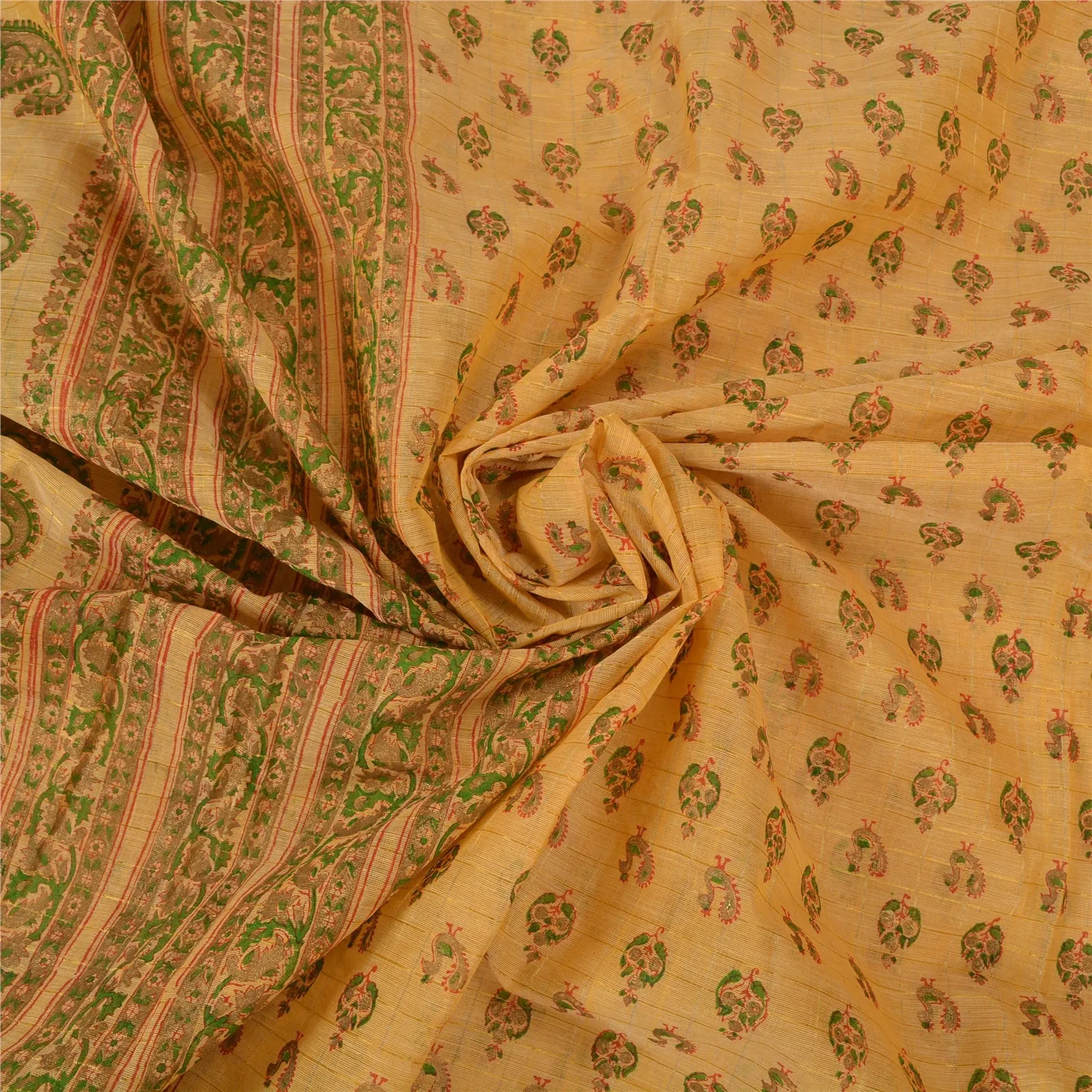 Sanskriti Vintage Cream Indian Sarees Pure Cotton Hand-Block Printed Sari Fabric