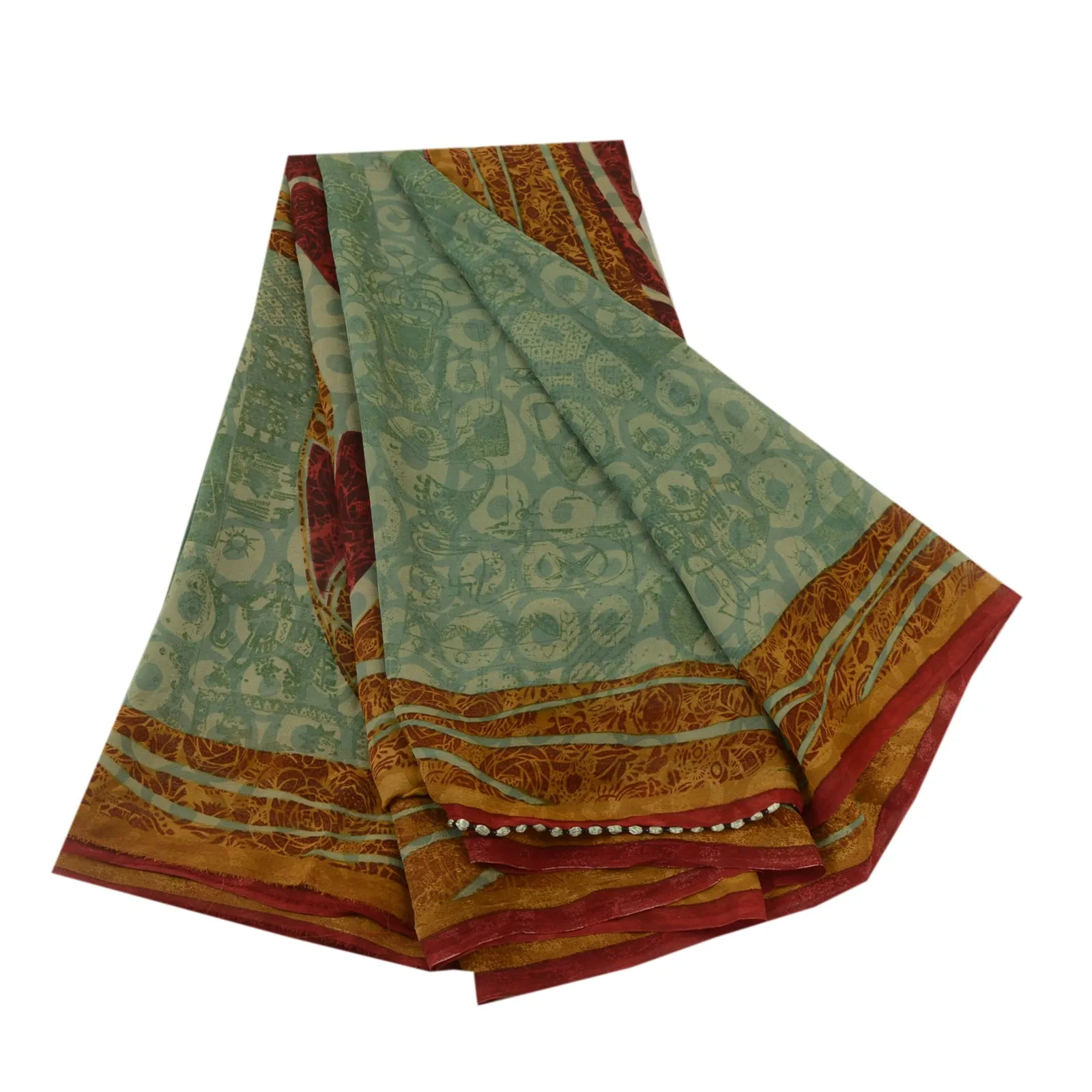 Sanskriti Vintage Green Sarees Pure Georgette Silk Printed Sari Craft Fabric