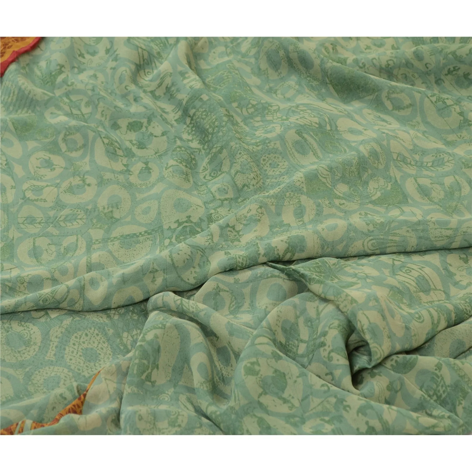 Sanskriti Vintage Green Sarees Pure Georgette Silk Printed Sari Craft Fabric