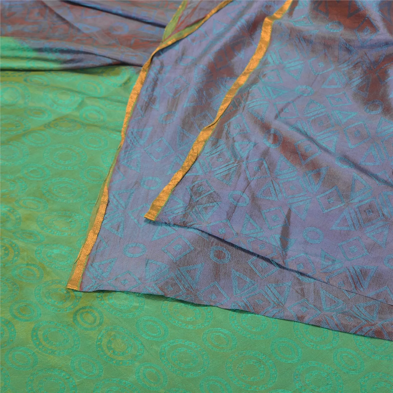 Sanskriti Vintage Green/Blue Sarees 100% Pure Silk Woven Sari Craft 5 YD Fabric