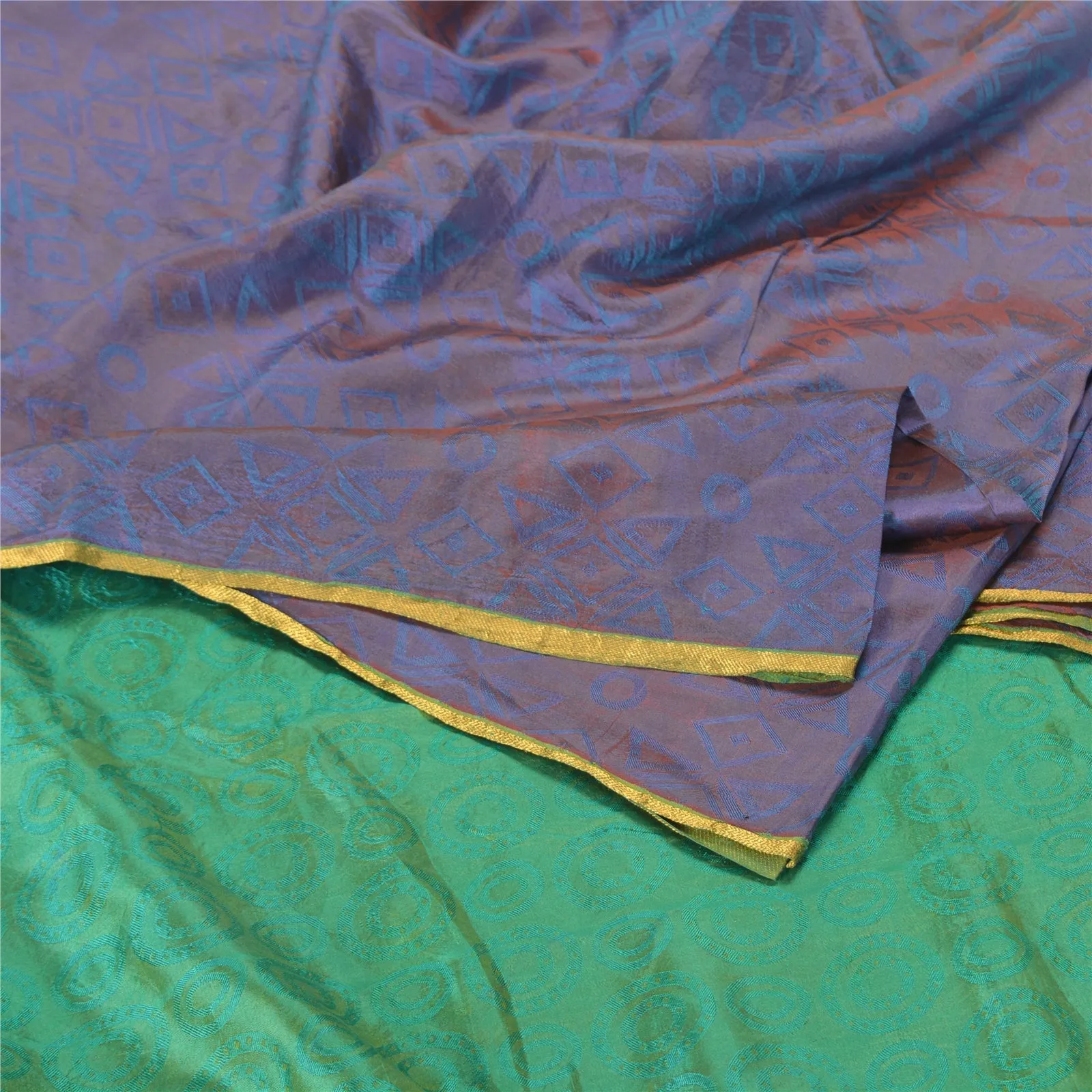 Sanskriti Vintage Green/Blue Sarees 100% Pure Silk Woven Sari Craft 5 YD Fabric