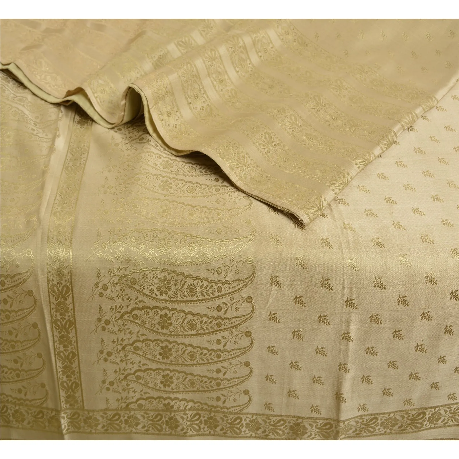 Sanskriti Vintage Ivory Sarees Pure Satin Silk Woven Premium Sari 5 Yard Fabric