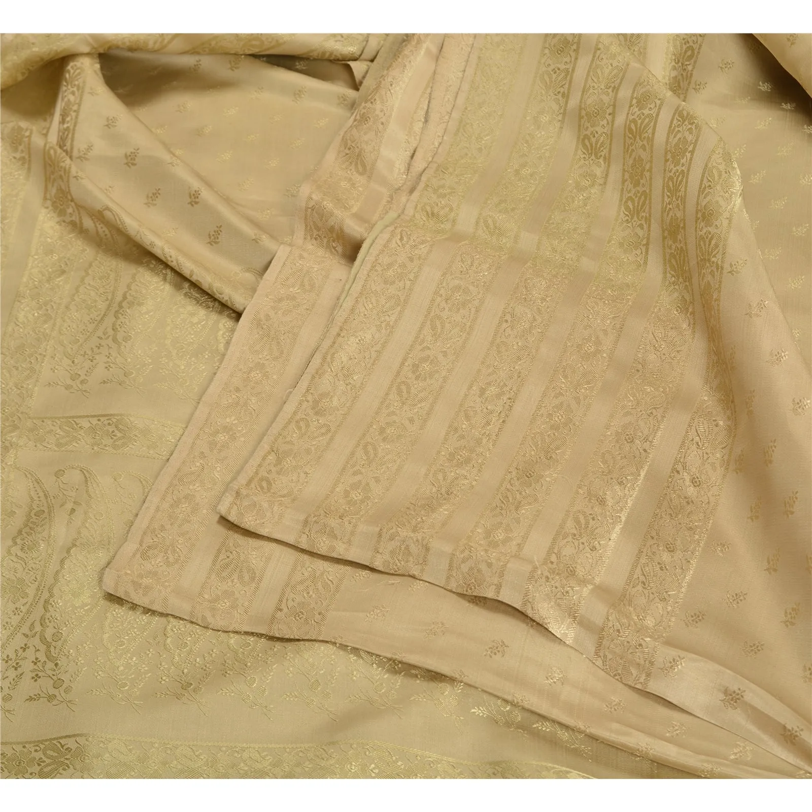 Sanskriti Vintage Ivory Sarees Pure Satin Silk Woven Premium Sari 5 Yard Fabric