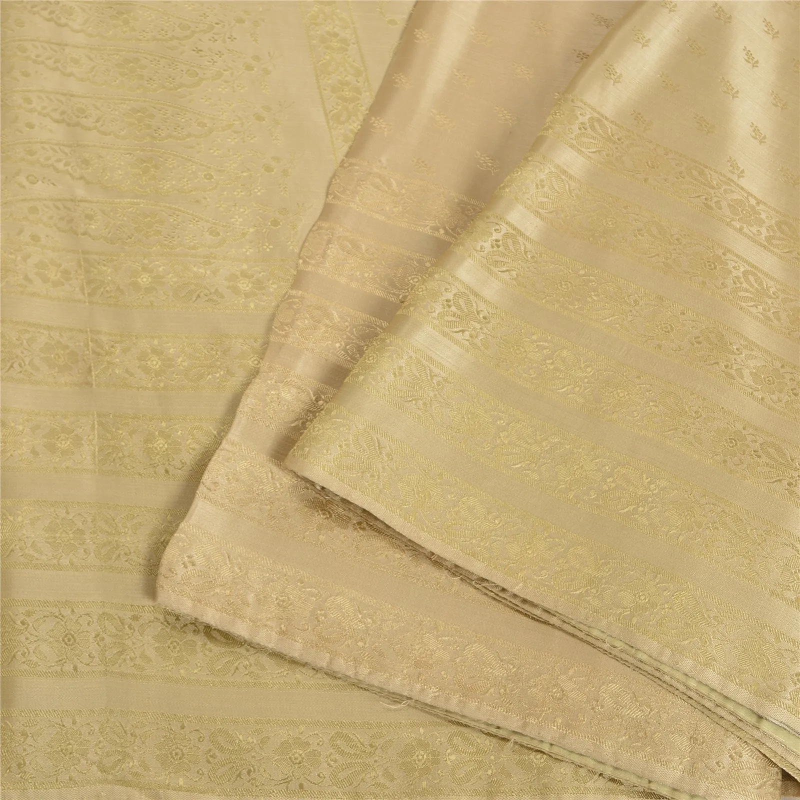 Sanskriti Vintage Ivory Sarees Pure Satin Silk Woven Premium Sari 5 Yard Fabric