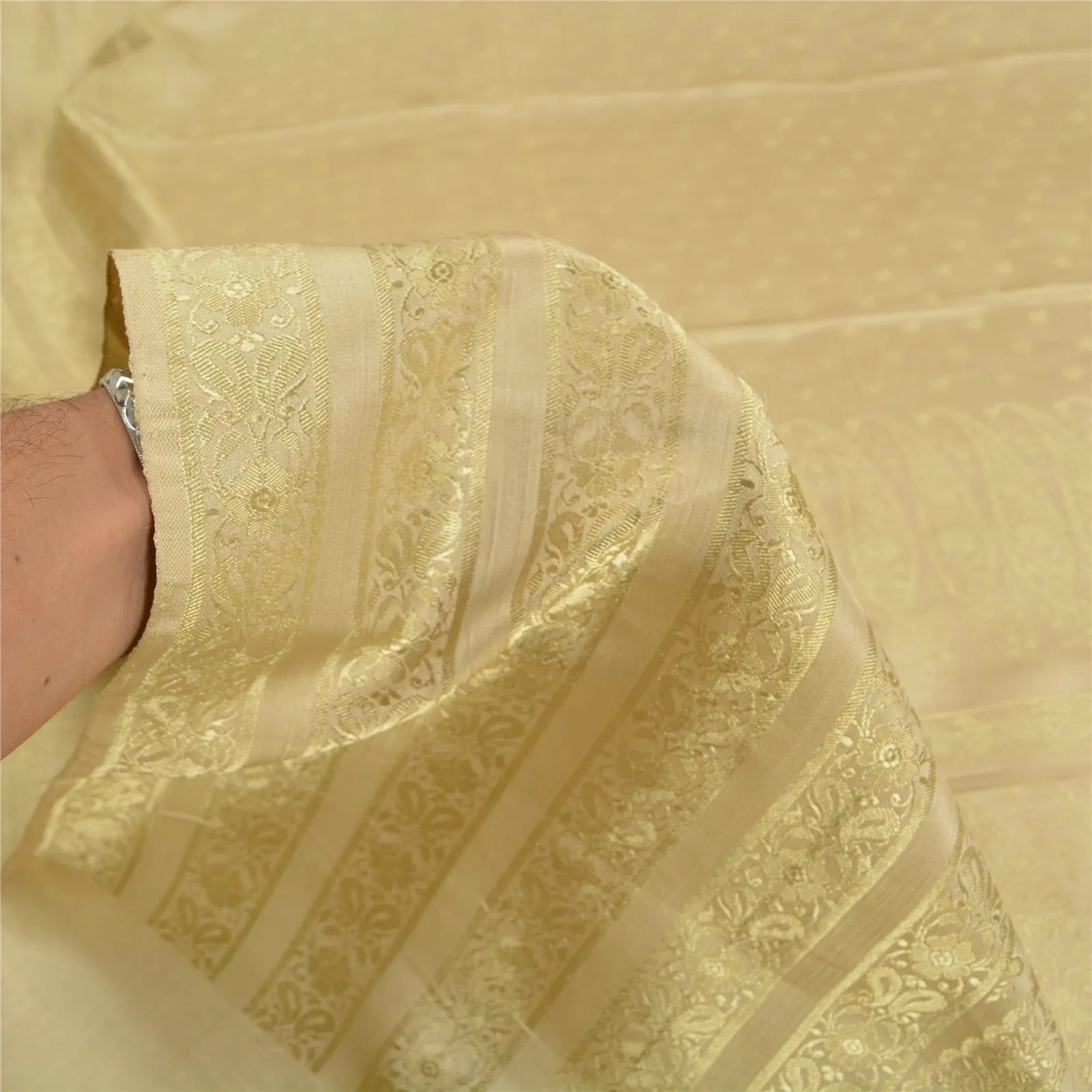 Sanskriti Vintage Ivory Sarees Pure Satin Silk Woven Premium Sari 5 Yard Fabric