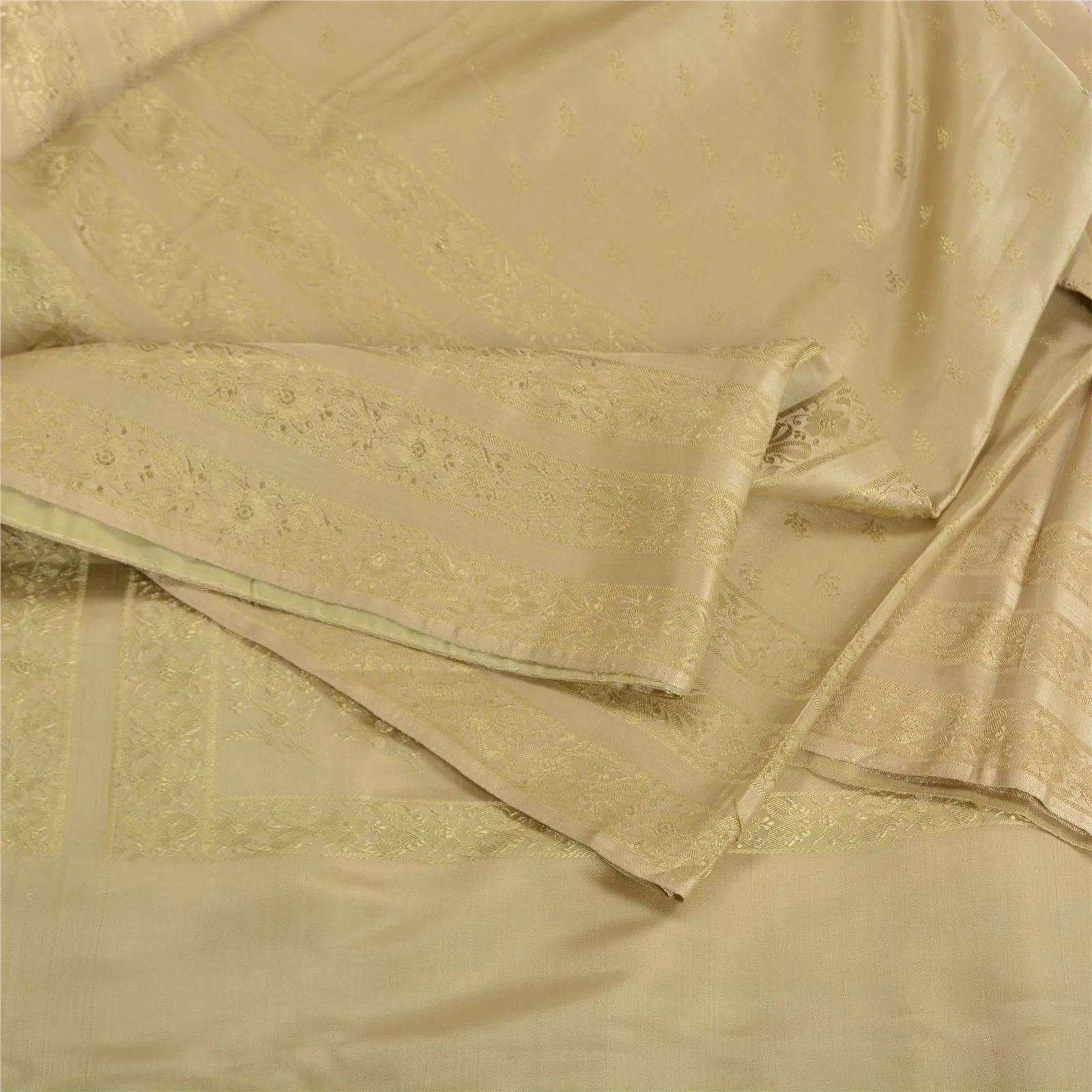 Sanskriti Vintage Ivory Sarees Pure Satin Silk Woven Premium Sari 5 Yard Fabric