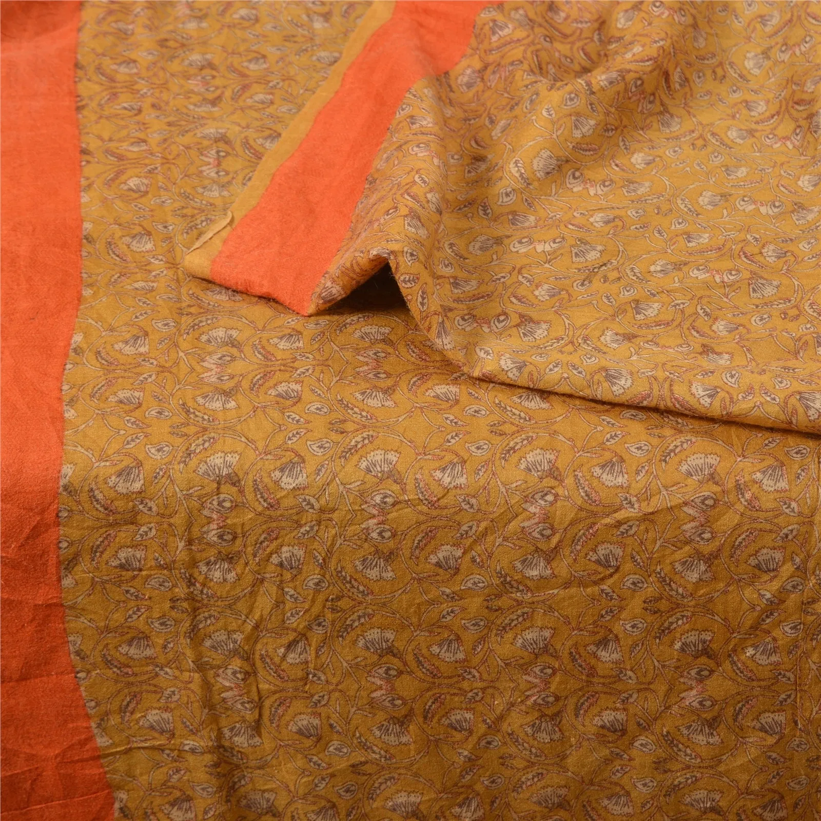 Sanskriti Vintage Mustard/Orange Sarees Pure Woolen Fabric Block Printed Sari