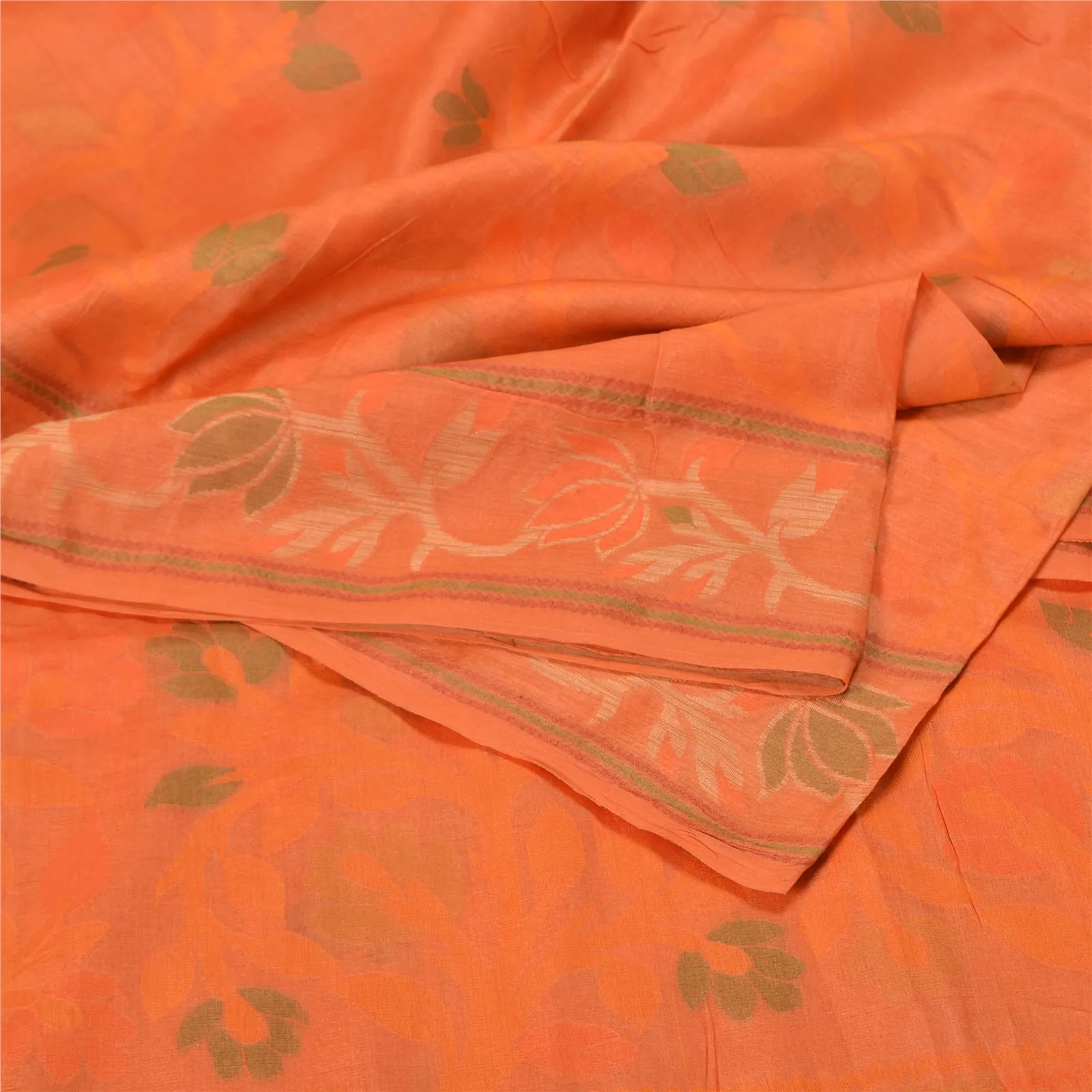 Sanskriti Vintage Saffron Indian Sarees 100% Pure Silk Woven Sari 5 YD Fabric