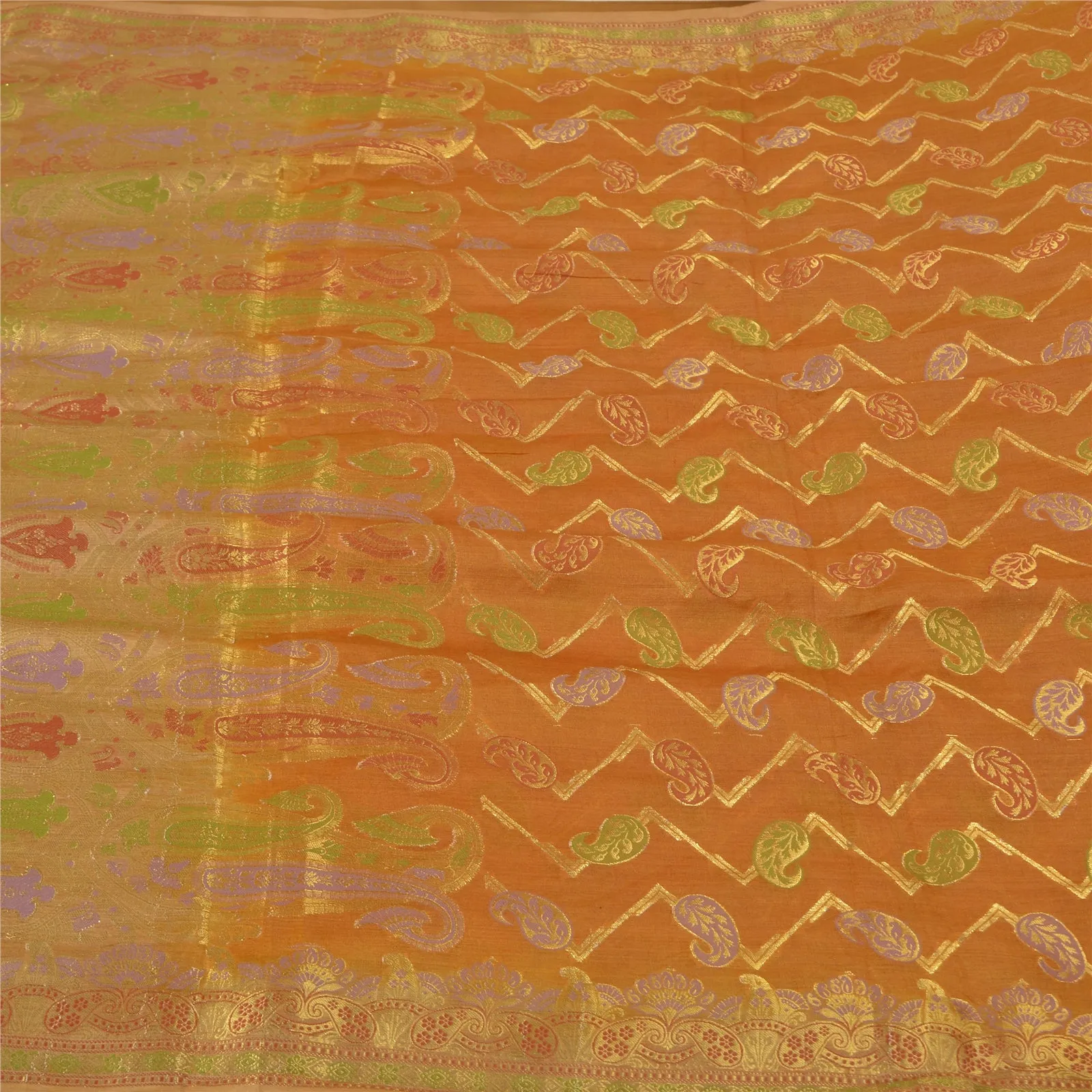 Sanskriti Vintage Saffron Indian Sarees 100% Pure Silk Woven Sari Craft Fabric