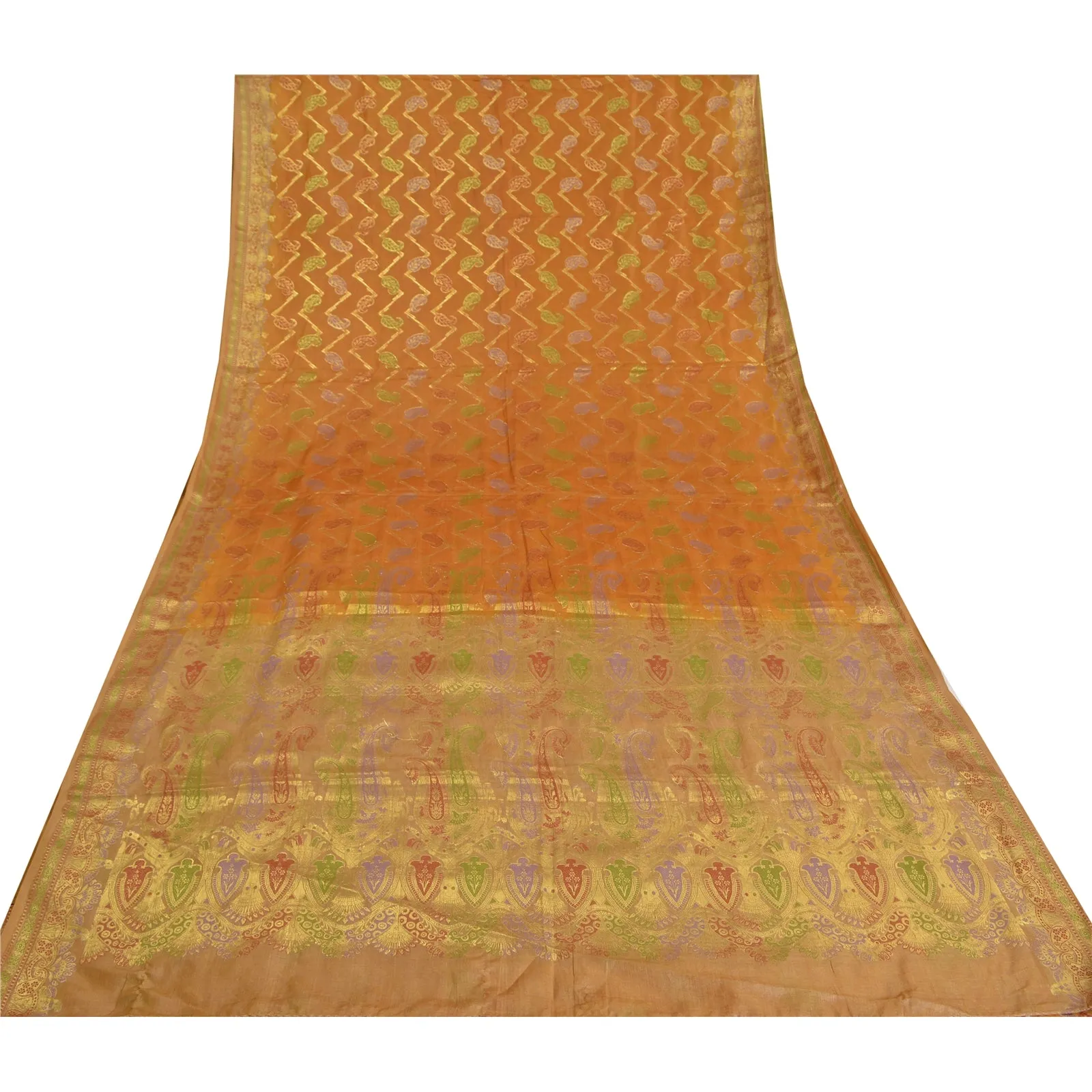 Sanskriti Vintage Saffron Indian Sarees 100% Pure Silk Woven Sari Craft Fabric