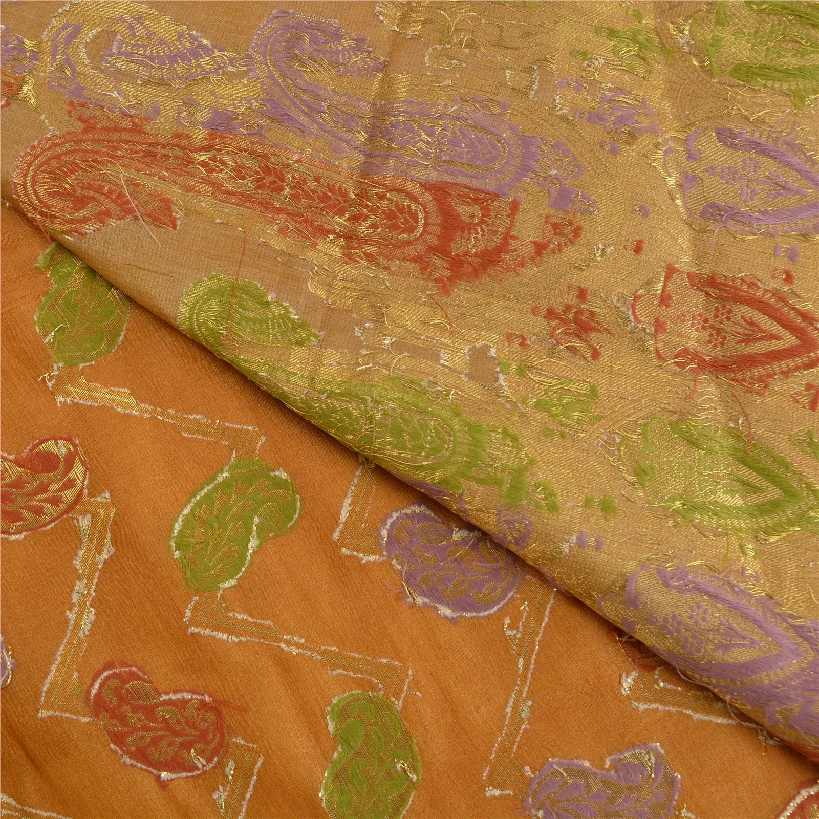 Sanskriti Vintage Saffron Indian Sarees 100% Pure Silk Woven Sari Craft Fabric