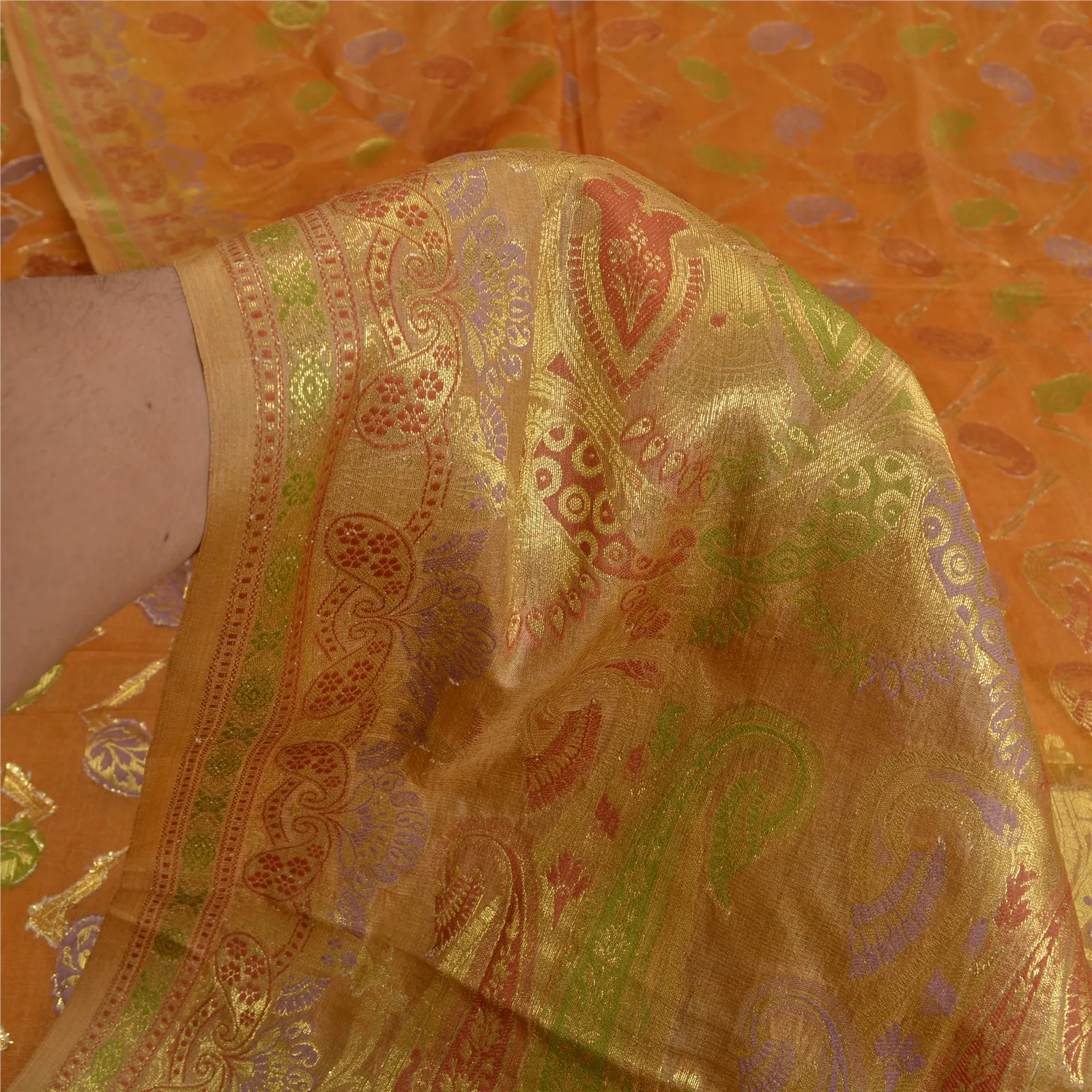 Sanskriti Vintage Saffron Indian Sarees 100% Pure Silk Woven Sari Craft Fabric