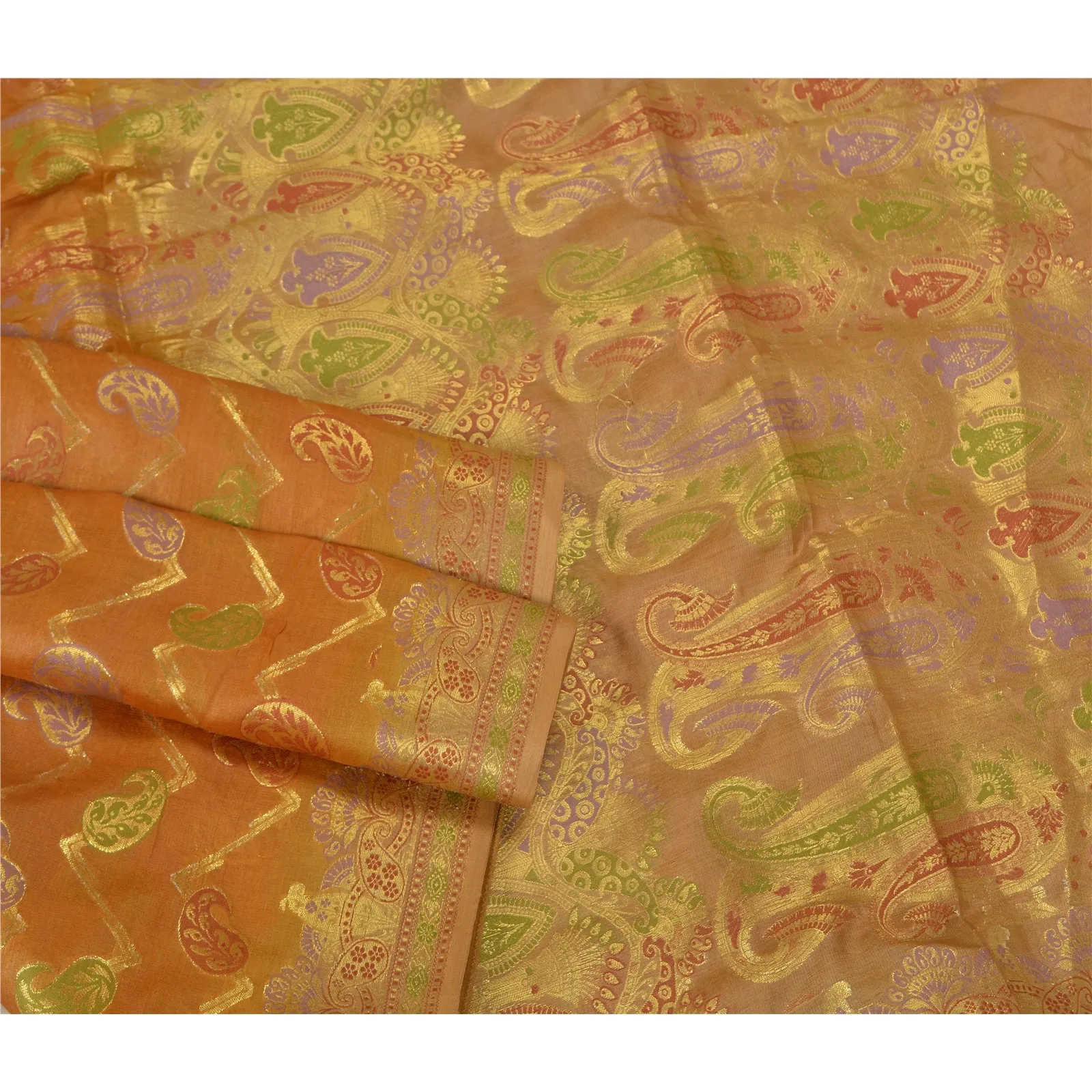 Sanskriti Vintage Saffron Indian Sarees 100% Pure Silk Woven Sari Craft Fabric