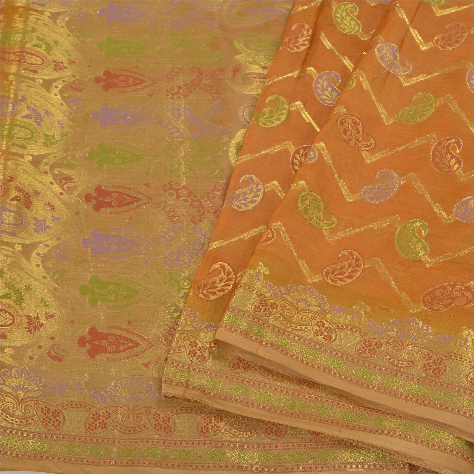 Sanskriti Vintage Saffron Indian Sarees 100% Pure Silk Woven Sari Craft Fabric