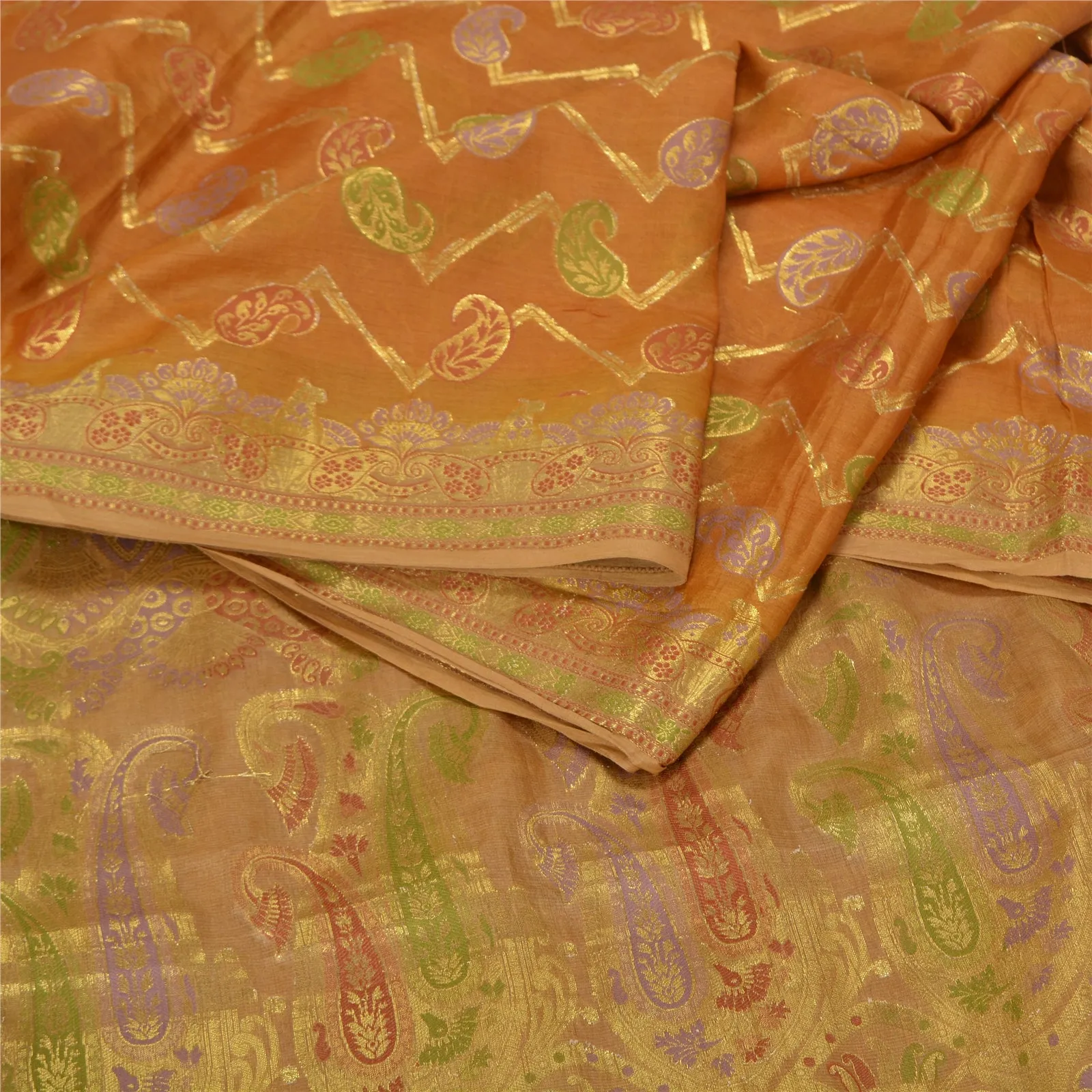 Sanskriti Vintage Saffron Indian Sarees 100% Pure Silk Woven Sari Craft Fabric