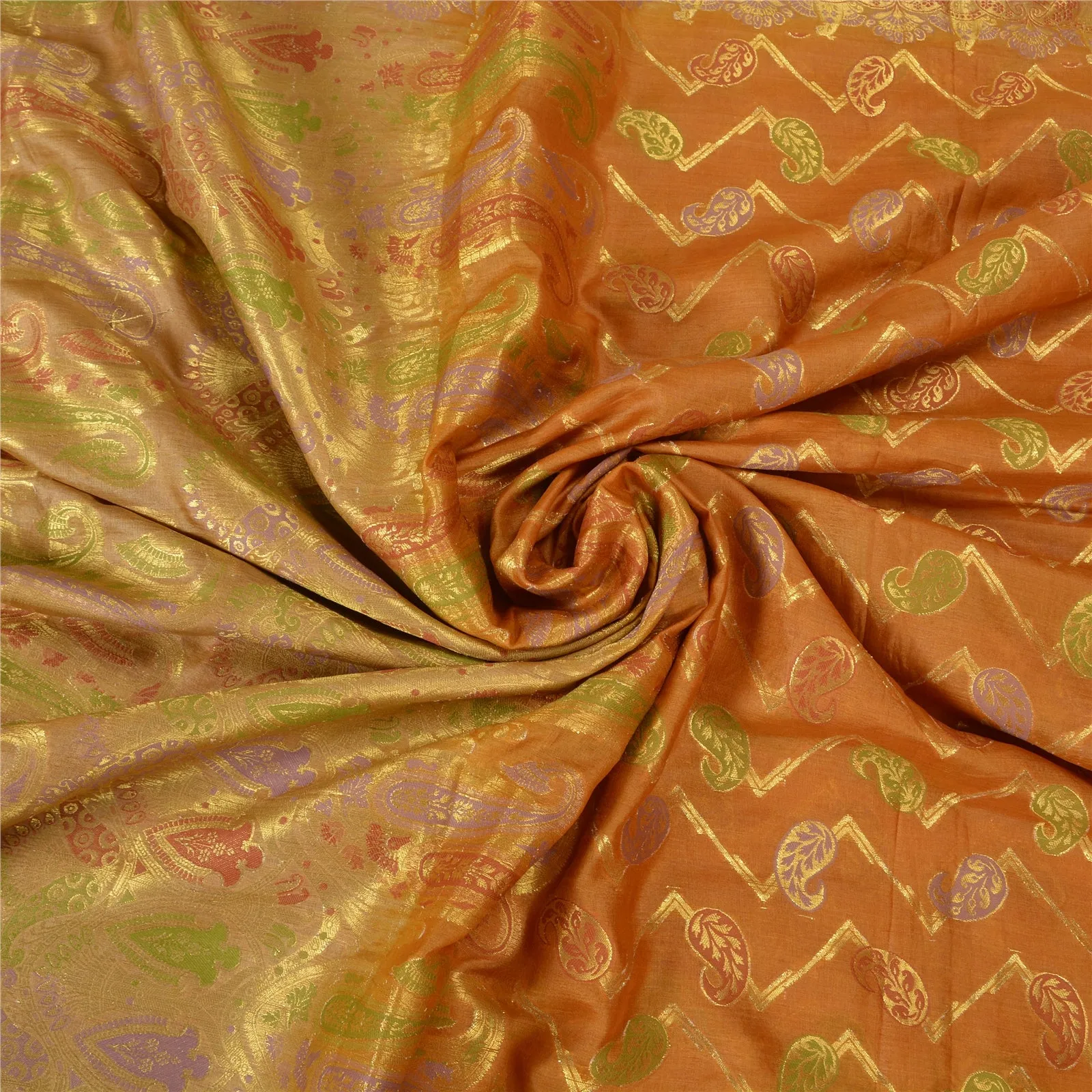 Sanskriti Vintage Saffron Indian Sarees 100% Pure Silk Woven Sari Craft Fabric