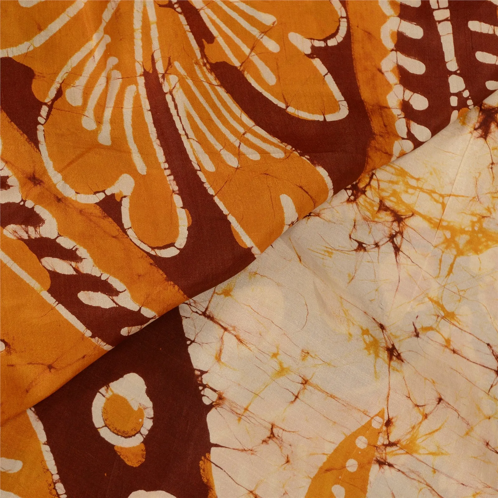 Sanskriti Vintage Saffron/Ivory Sarees Pure Silk Batik Work Unique Sari Fabric