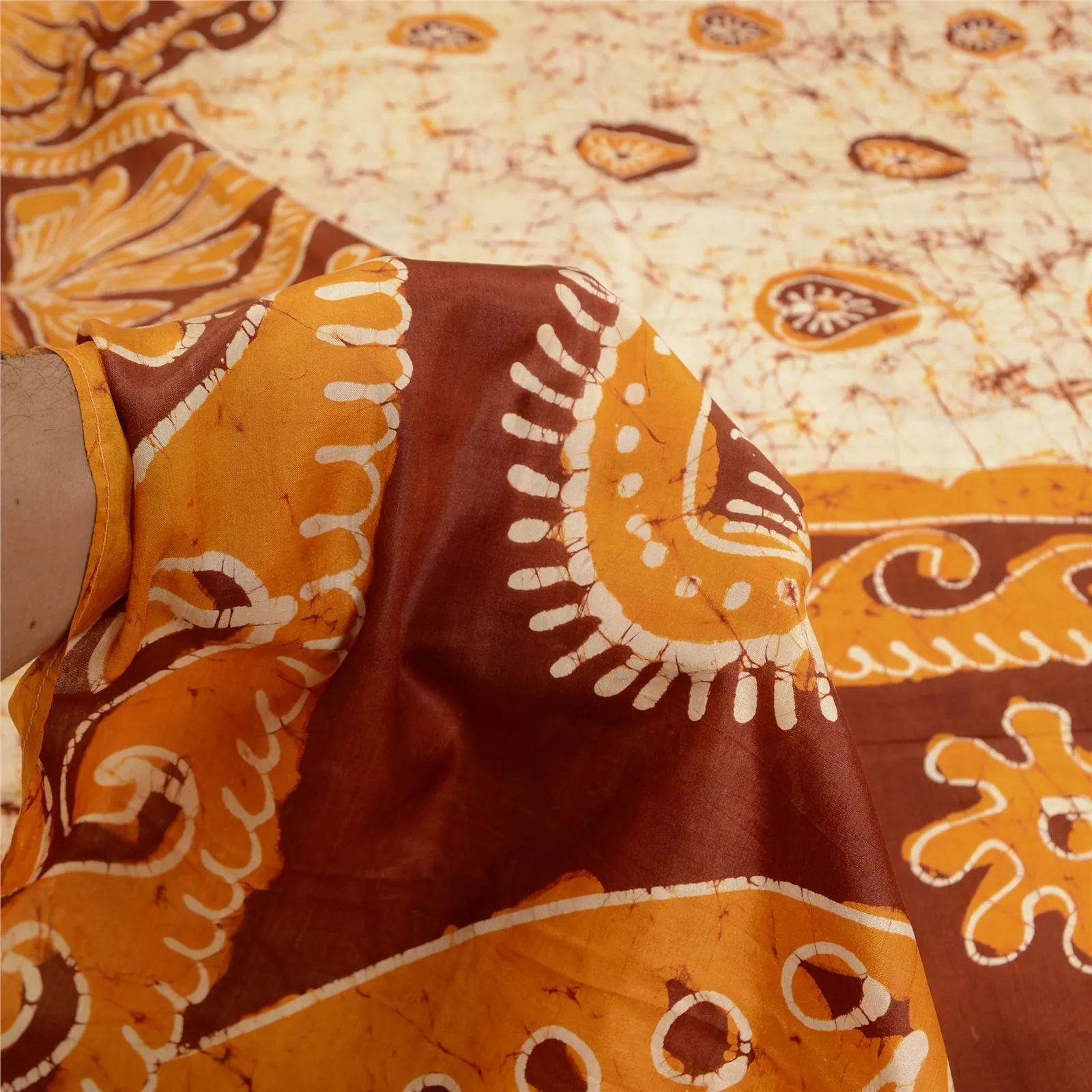 Sanskriti Vintage Saffron/Ivory Sarees Pure Silk Batik Work Unique Sari Fabric