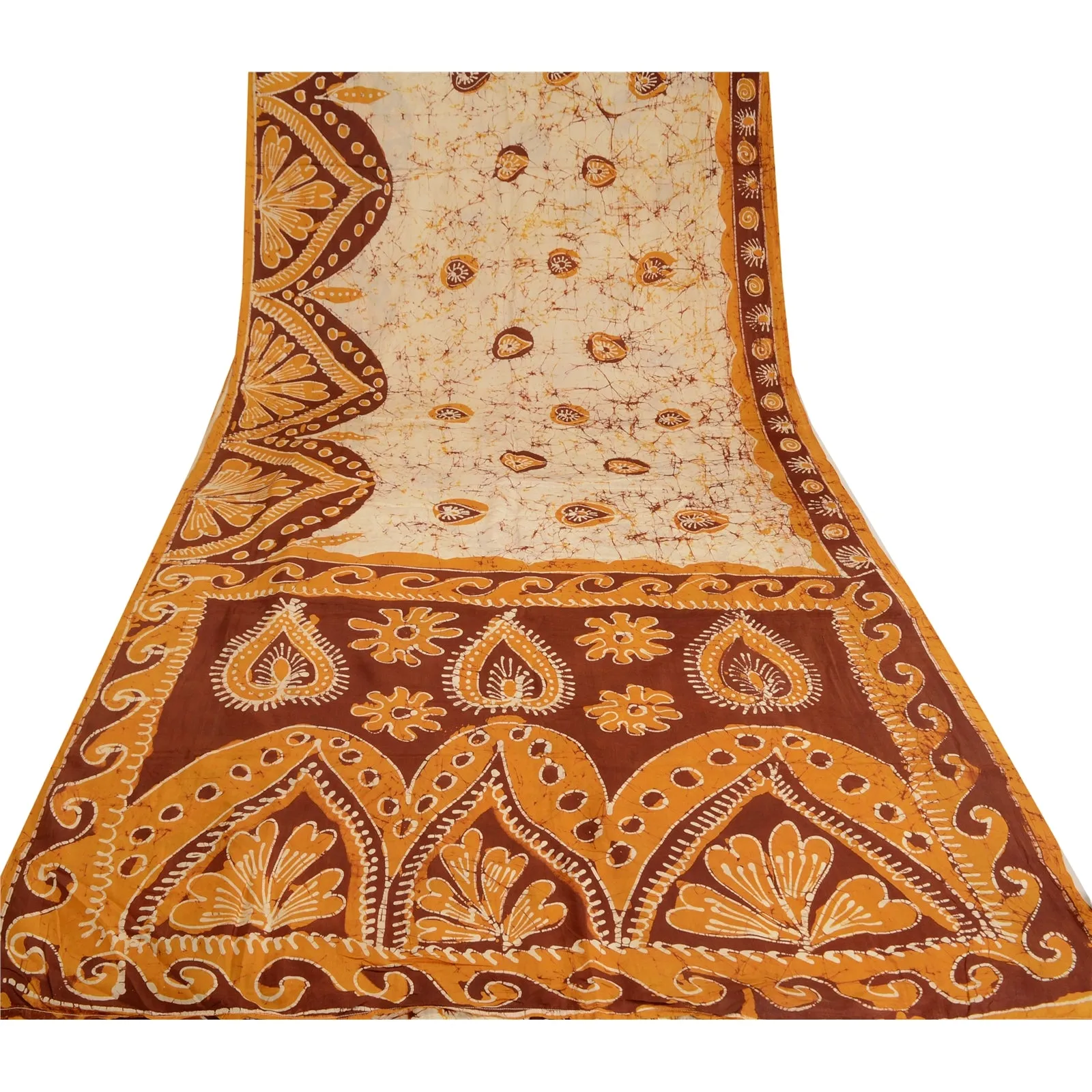 Sanskriti Vintage Saffron/Ivory Sarees Pure Silk Batik Work Unique Sari Fabric