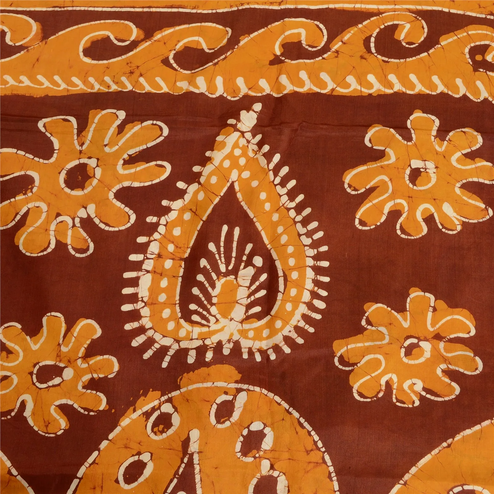 Sanskriti Vintage Saffron/Ivory Sarees Pure Silk Batik Work Unique Sari Fabric