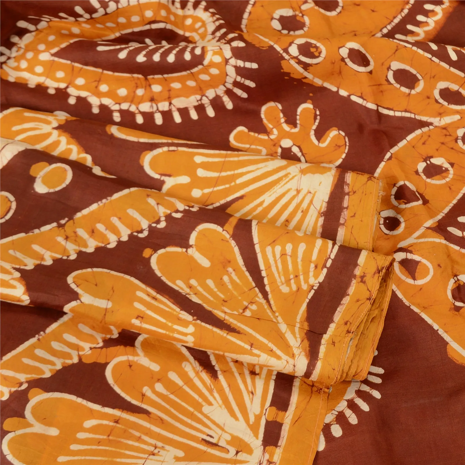 Sanskriti Vintage Saffron/Ivory Sarees Pure Silk Batik Work Unique Sari Fabric