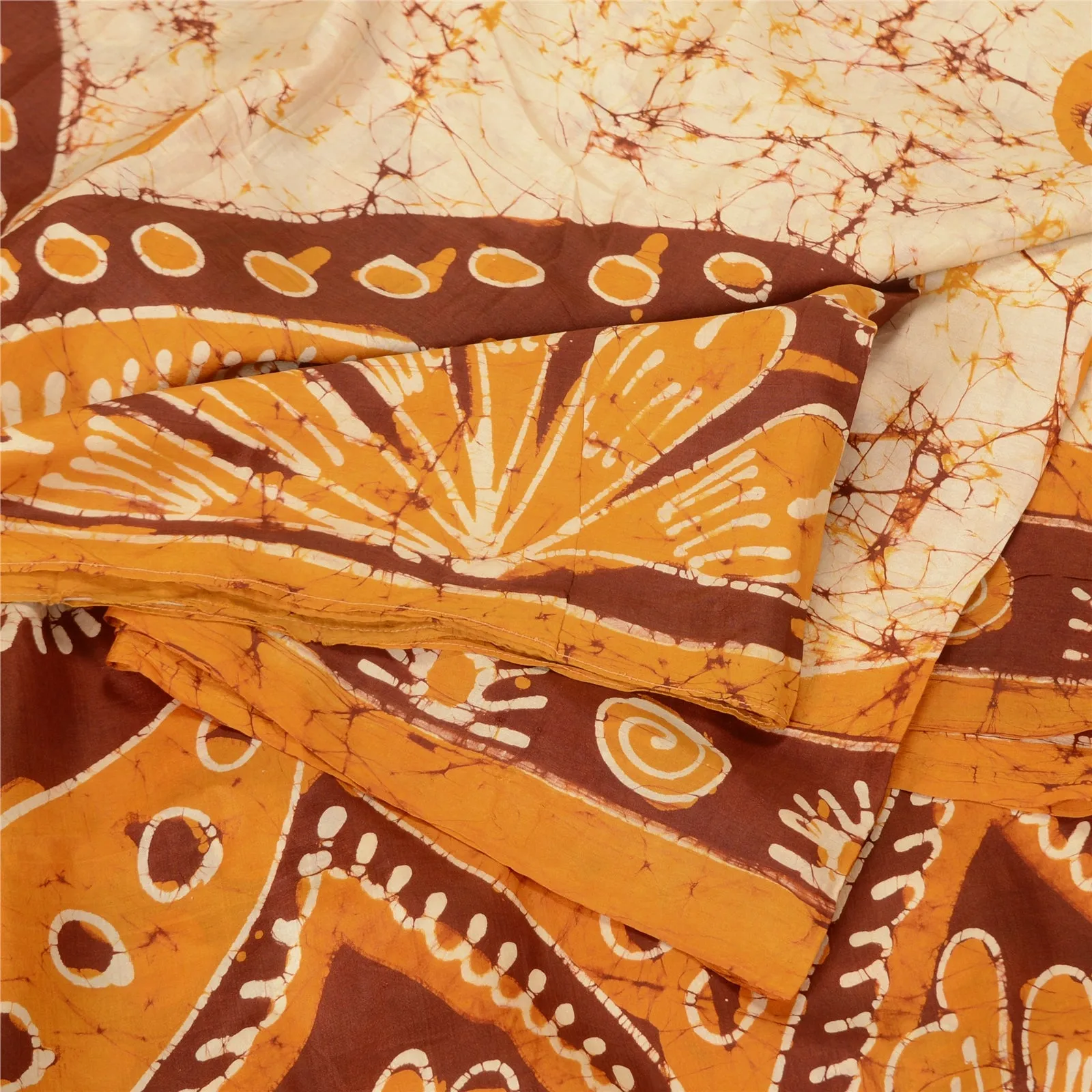 Sanskriti Vintage Saffron/Ivory Sarees Pure Silk Batik Work Unique Sari Fabric