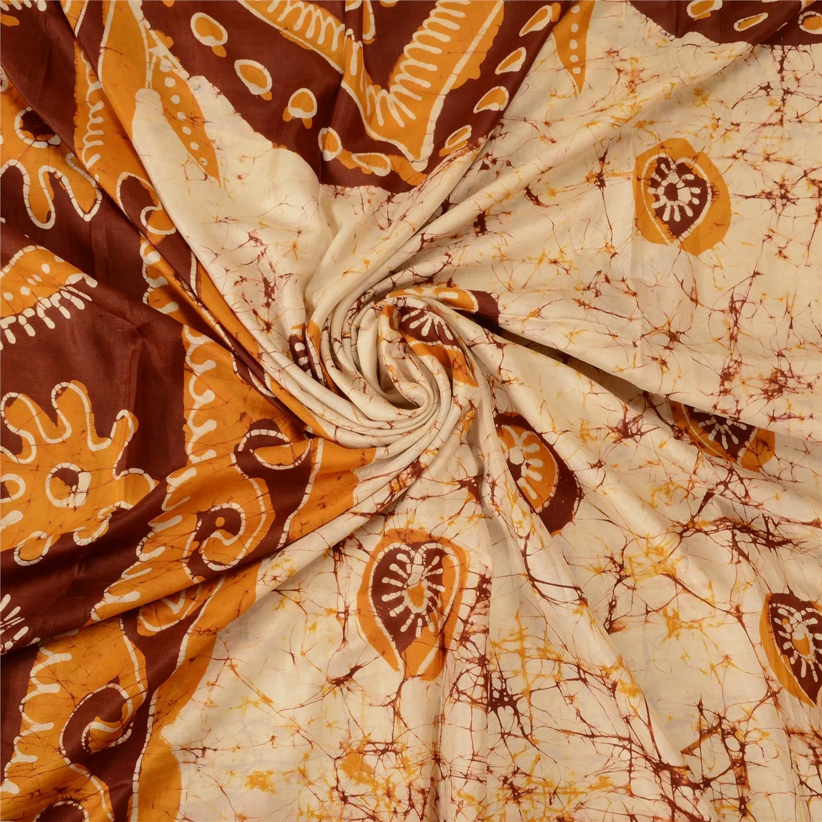 Sanskriti Vintage Saffron/Ivory Sarees Pure Silk Batik Work Unique Sari Fabric