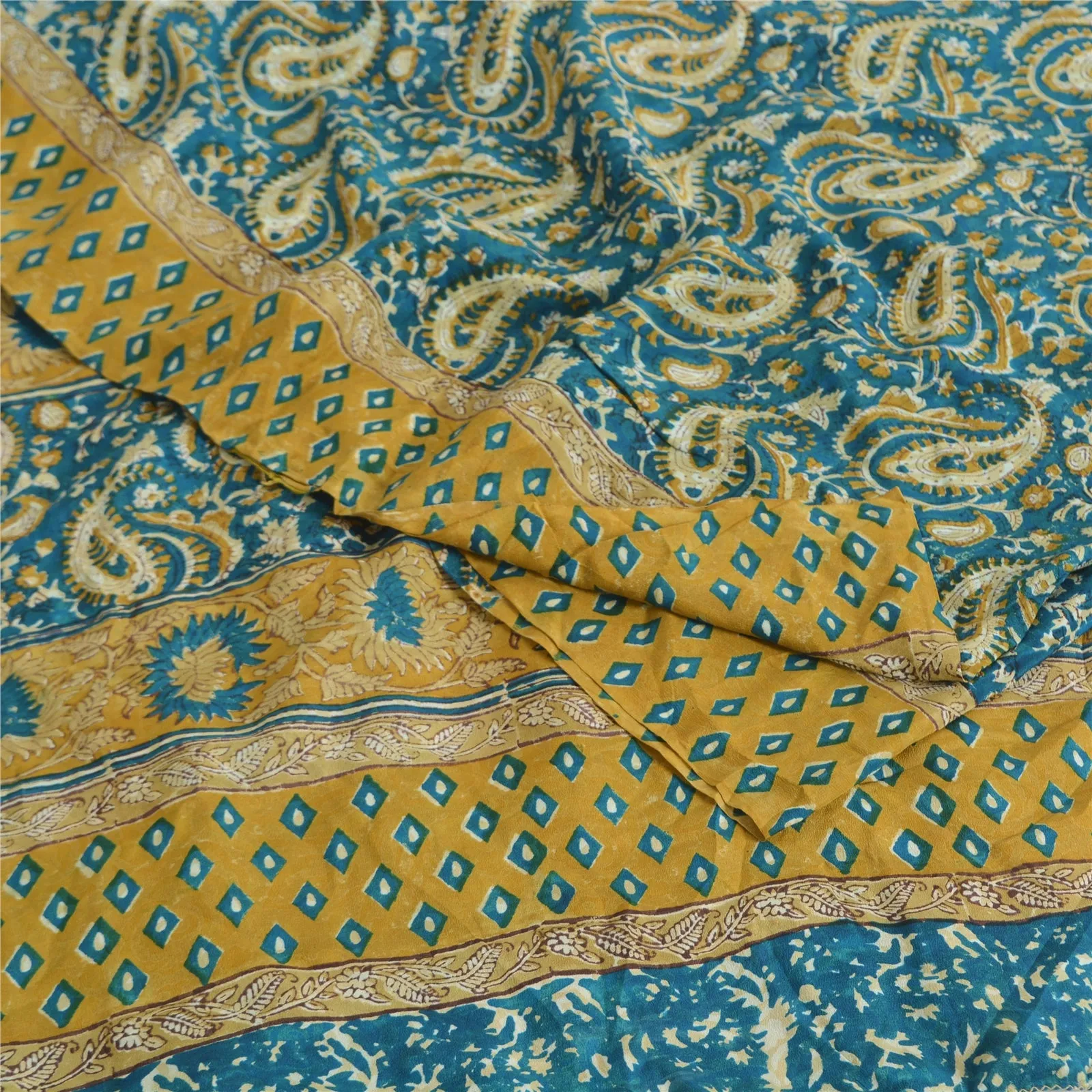 Sanskriti Vintage Sarees Blue 100% Pure Crepe Silk Printed Sari 5yd Craft Fabric