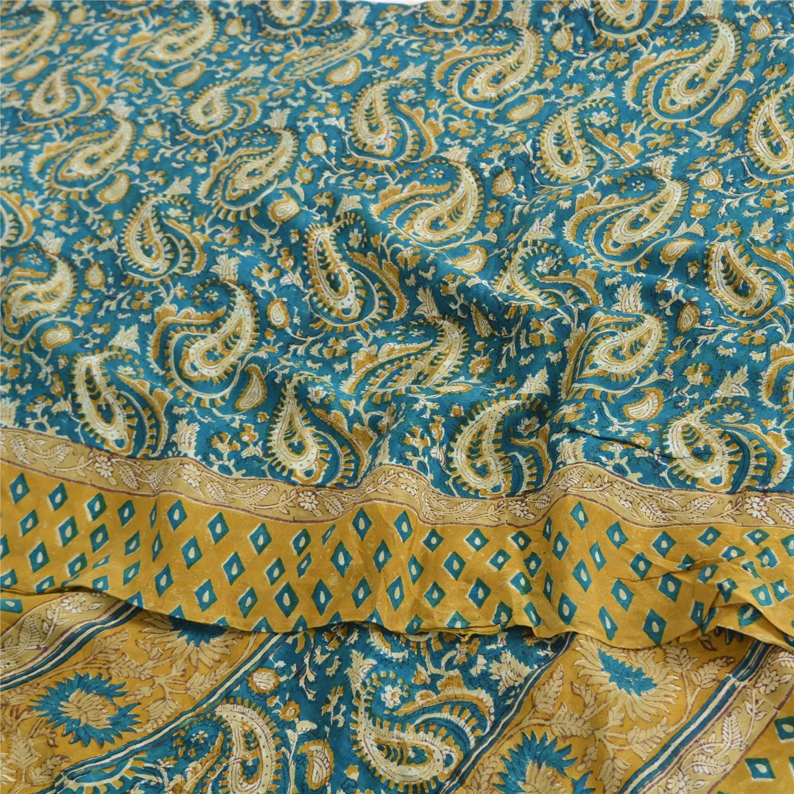 Sanskriti Vintage Sarees Blue 100% Pure Crepe Silk Printed Sari 5yd Craft Fabric