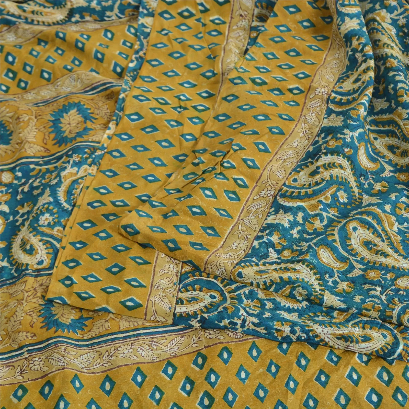 Sanskriti Vintage Sarees Blue 100% Pure Crepe Silk Printed Sari 5yd Craft Fabric