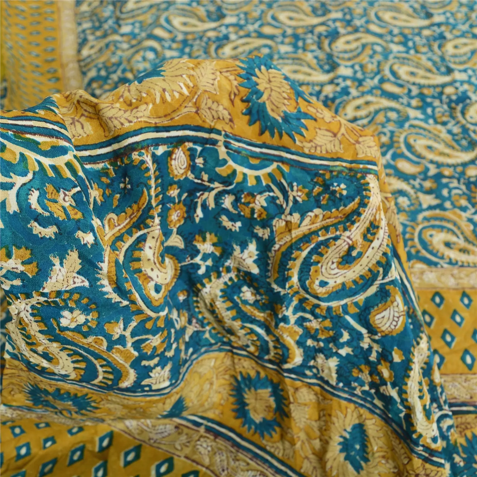 Sanskriti Vintage Sarees Blue 100% Pure Crepe Silk Printed Sari 5yd Craft Fabric