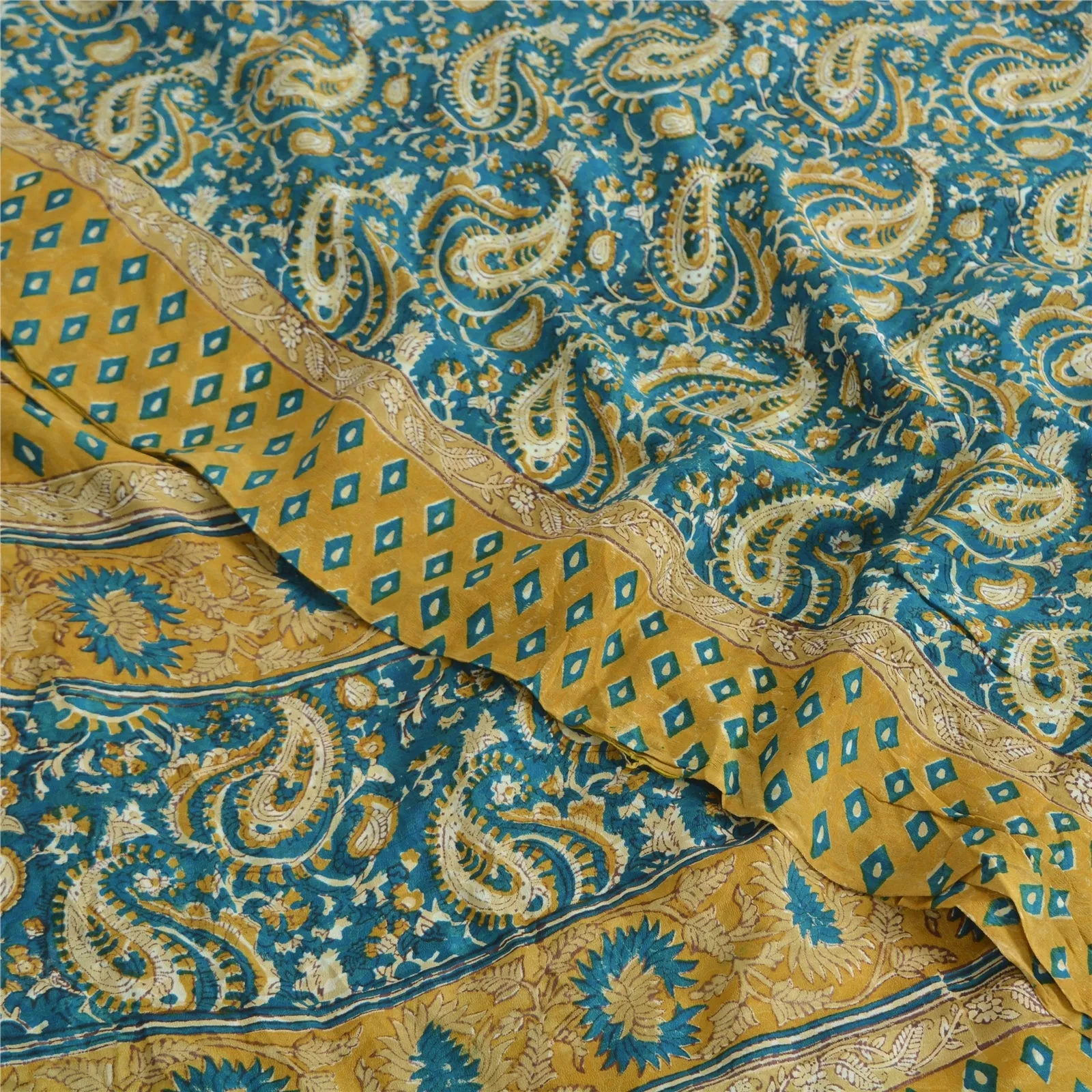 Sanskriti Vintage Sarees Blue 100% Pure Crepe Silk Printed Sari 5yd Craft Fabric