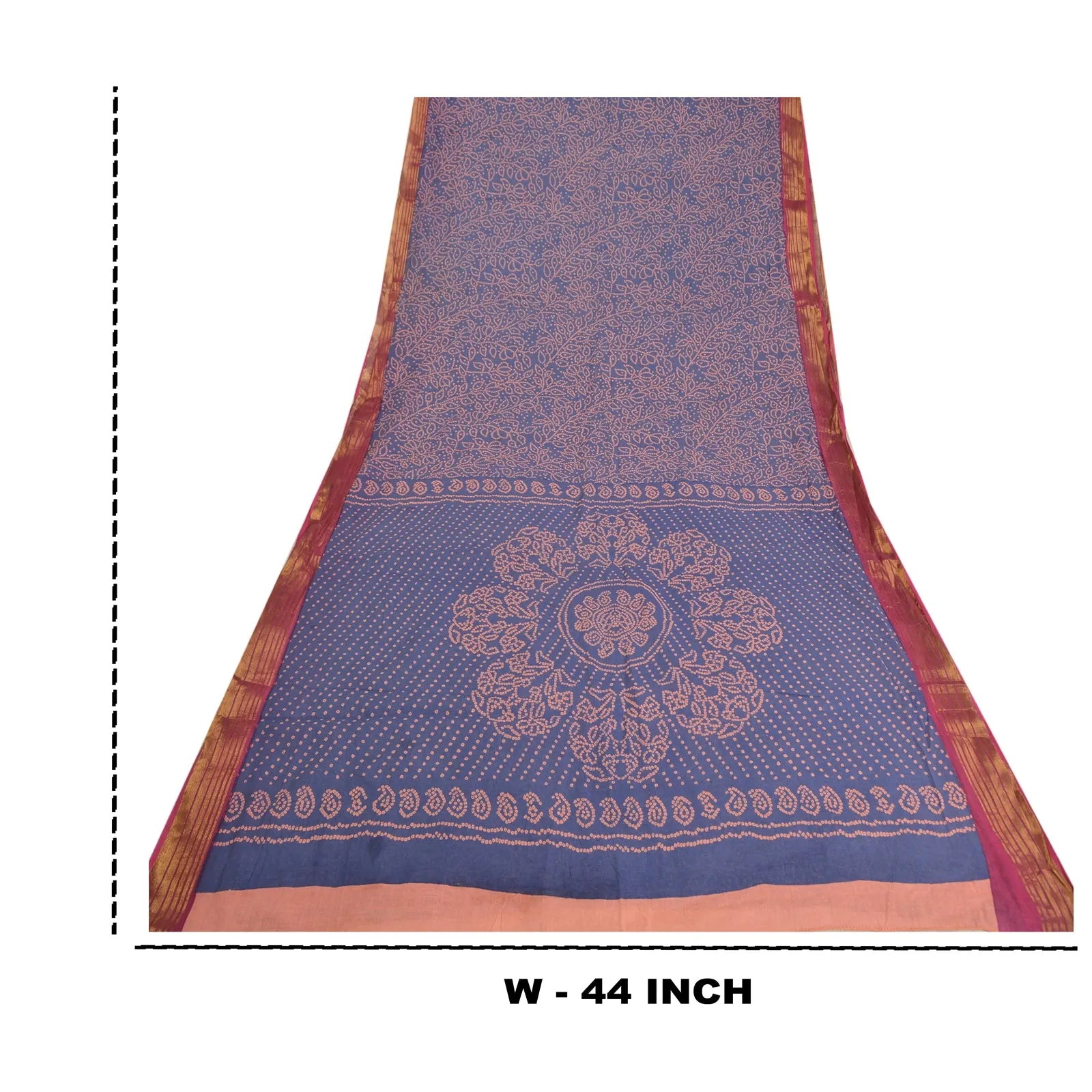 Sanskriti Vintage Sarees Blue/Peach Bandhani Print Zari Pure Cotton Sari Fabric