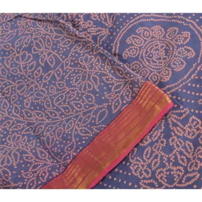 Sanskriti Vintage Sarees Blue/Peach Bandhani Print Zari Pure Cotton Sari Fabric