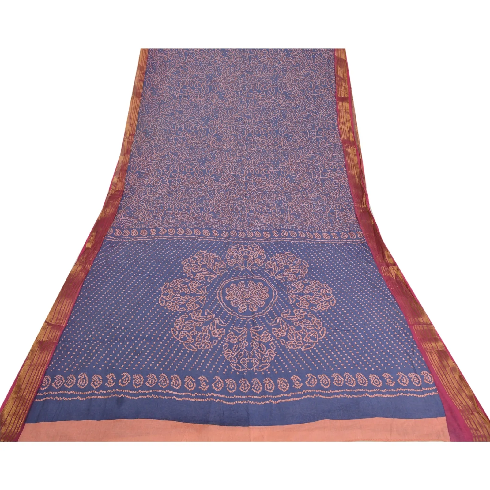 Sanskriti Vintage Sarees Blue/Peach Bandhani Print Zari Pure Cotton Sari Fabric