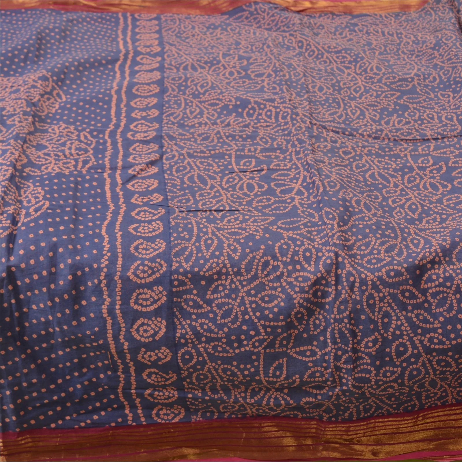 Sanskriti Vintage Sarees Blue/Peach Bandhani Print Zari Pure Cotton Sari Fabric