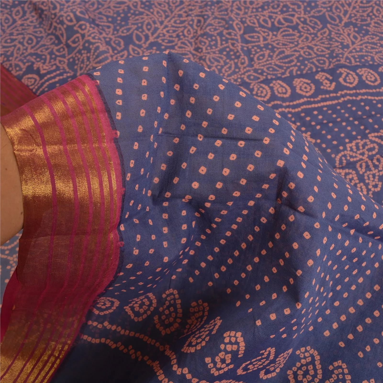 Sanskriti Vintage Sarees Blue/Peach Bandhani Print Zari Pure Cotton Sari Fabric